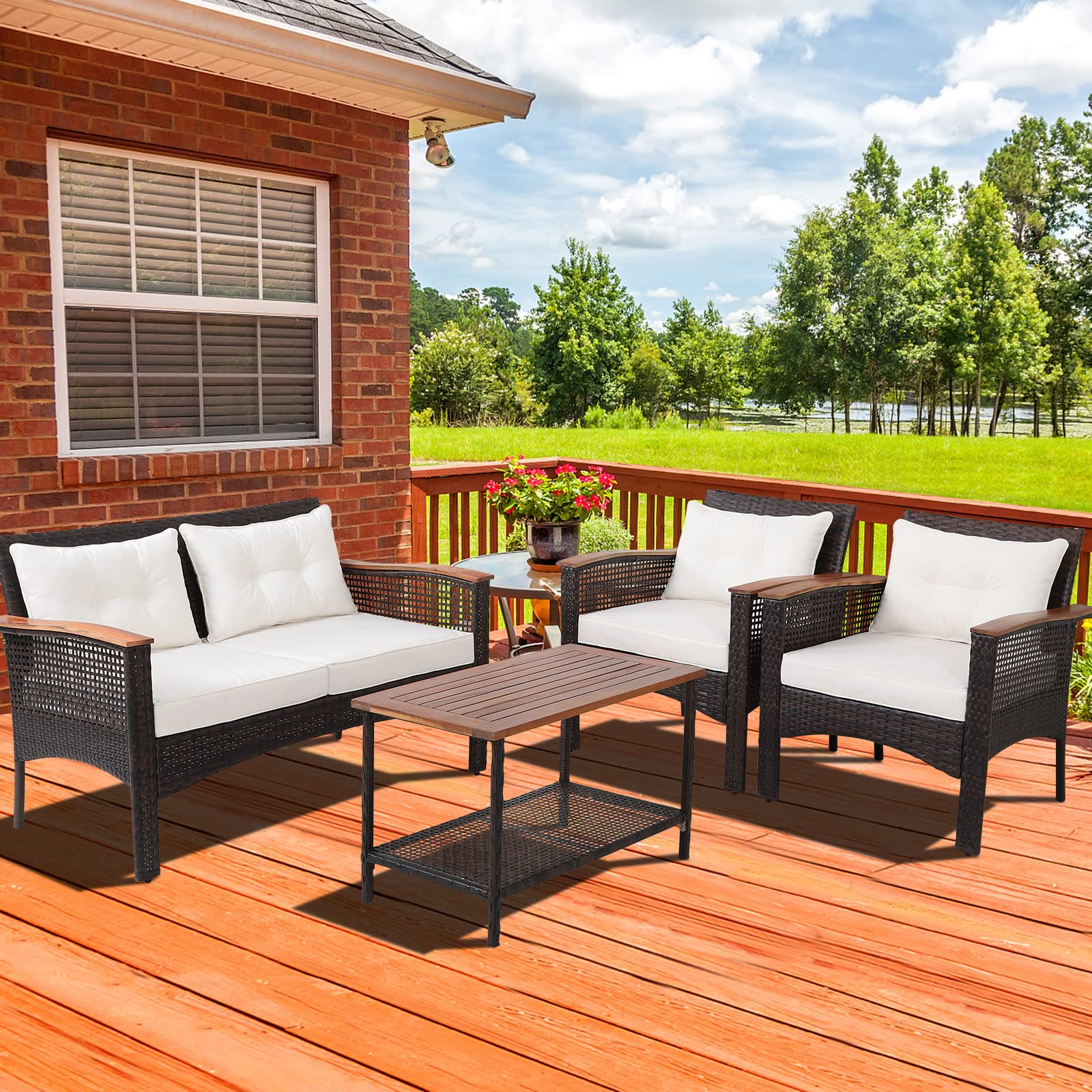 **HAPPYGRILL 4-Piece Outdoor Patio Furniture Set - Acacia Wood Sectional Sofa with Cushions & Coffee Table, PE Wicker Conversation Set for Garden, Poolside, Backyard & Outdoor Relaxation**