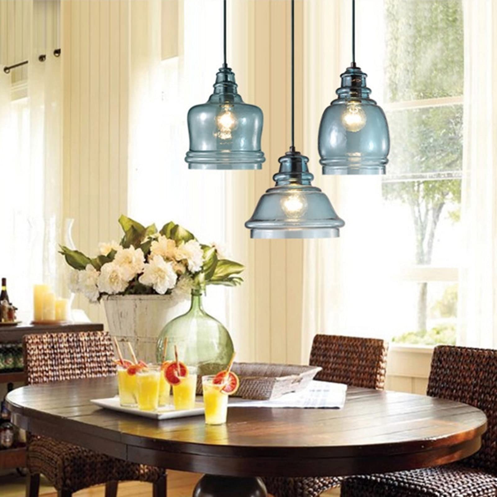 3-Light Water Pattern Blue Glass Pendant Light Fixtures - Modern Kitchen Island Hanging Chandelier, Round Ceiling Lamp for Dining Room, Bar & Breakfast Nook Lighting