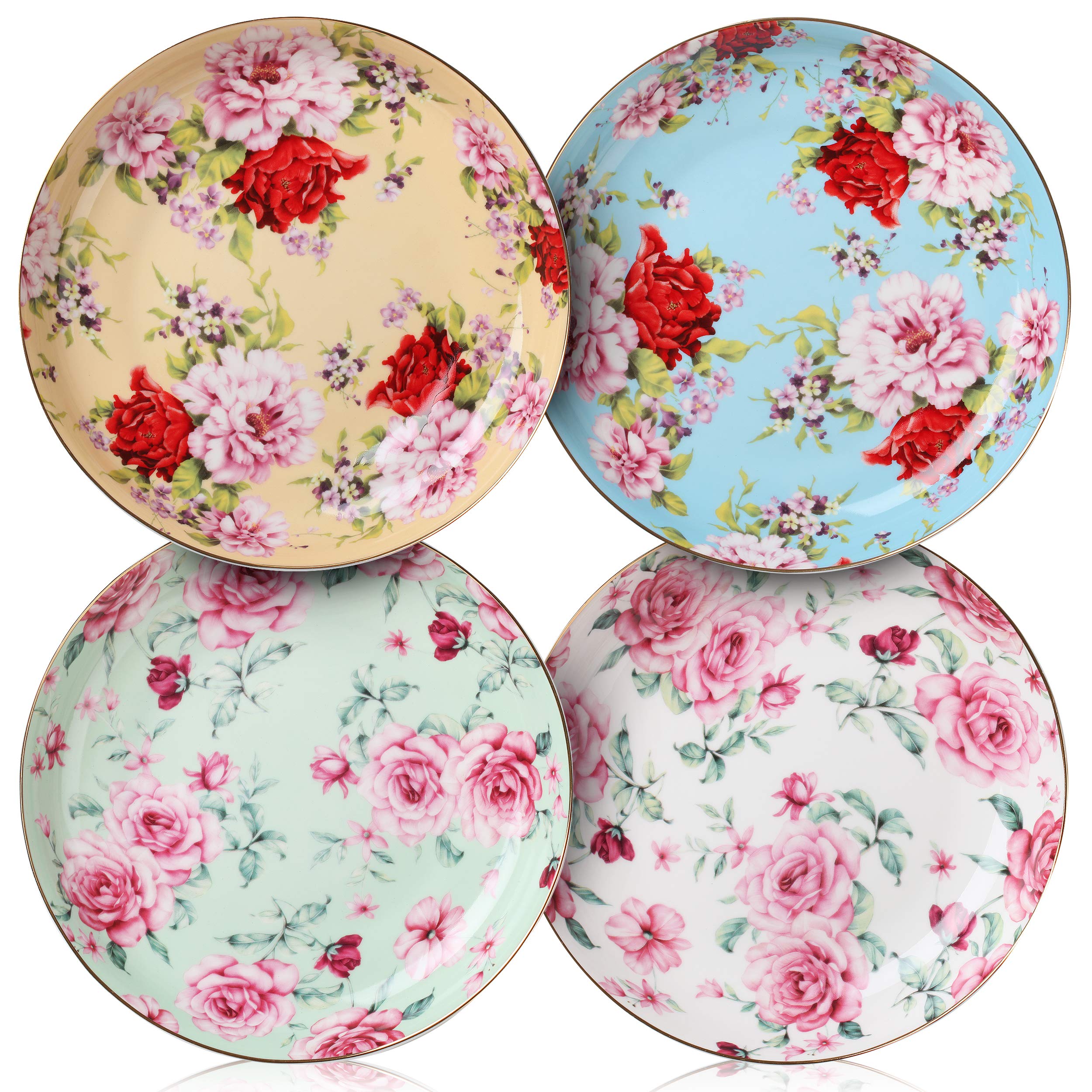 BTaT 8 Inch Porcelain Bone China Dessert Plates Set of 4 - Elegant Floral Deep Plates for Appetizers, Salads & Small Dishes | Perfect for Dinner Parties, Tea Time & Home Decor