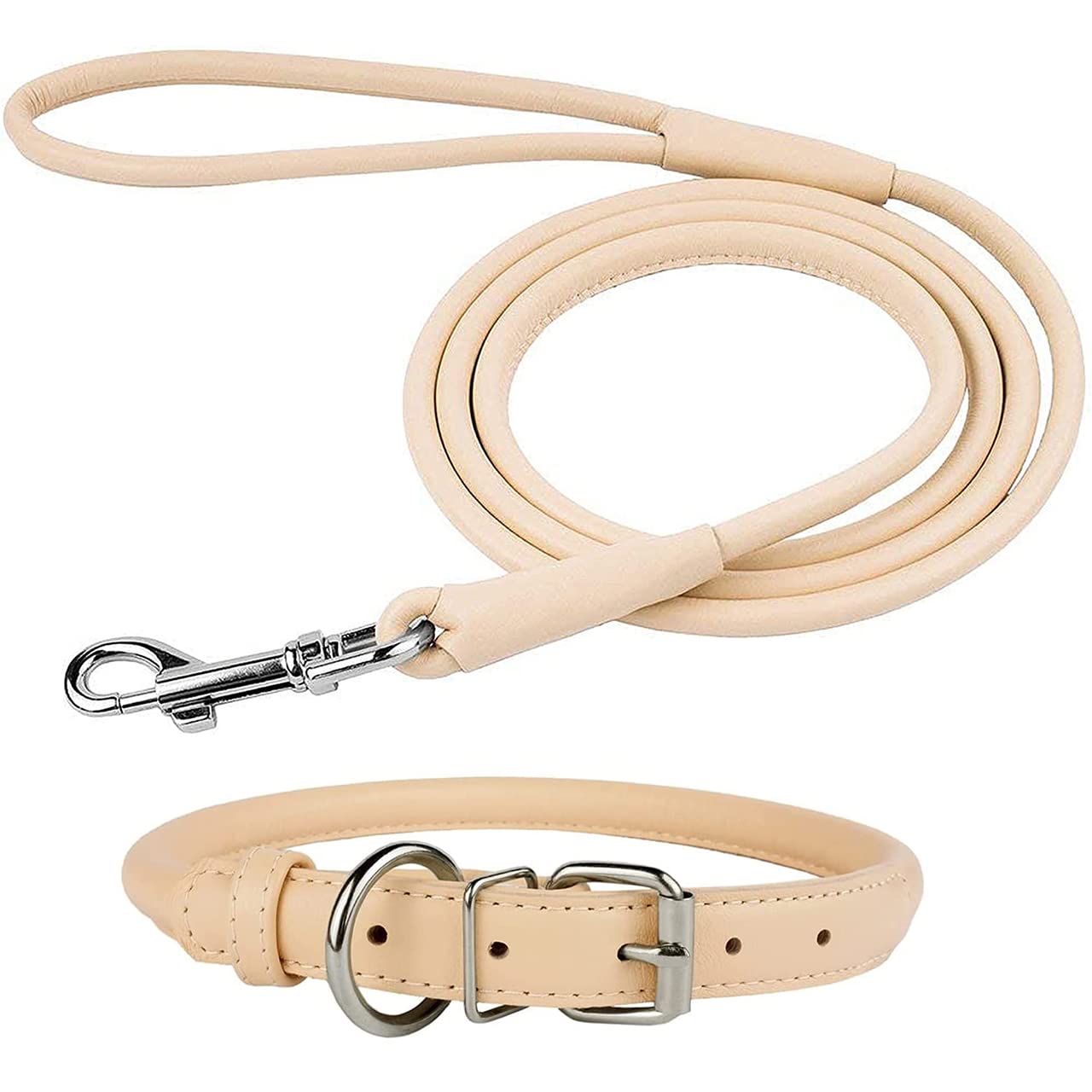 Premium Rolled Leather Dog Collar and Leash Set - XL Size (19-21 Inch Neck) for Large Dogs & Puppies - 6ft Strong Leash - Beige Color - Perfect for Training, Walks & Outdoor Adventures