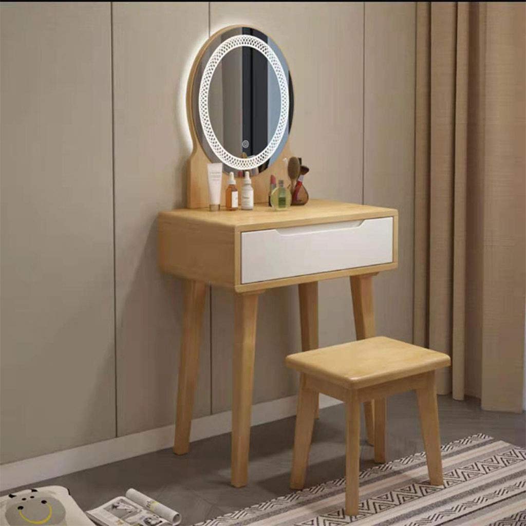 Modern Vanity Table Set with Adjustable Brightness LED Mirror & Cushioned Stool - 2 Drawers & Shelf, Walnut Dressing Makeup Desk for Women & Girls - Perfect for Bedroom, Dorm Room & Beauty Salon