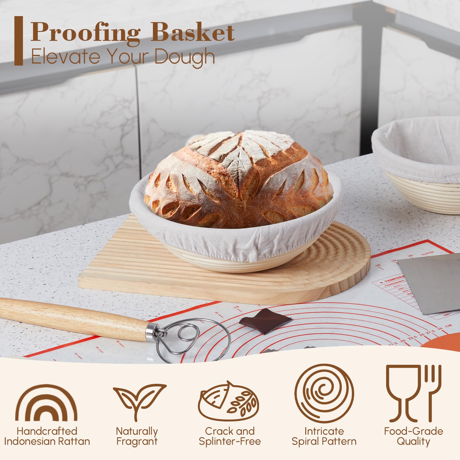 17-Piece Banneton Bread Proofing Basket Set - 9 & 10 Inch Round Sourdough Bread Proofing Baskets with Danish Whisk, Bowl Scraper, Dough Scraper & Bread Lame - Complete Bread Making Kit for Artisan Sourdough, Homemade Bread & Baking Enthusiasts