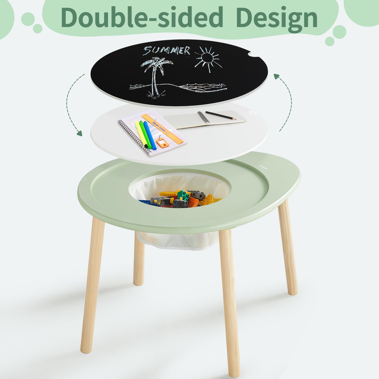 Beright Kids Wooden Table and Chairs Set - Round Play Table with 2 Chairs for Toddlers, Removable Top Panel & Storage Bag - Perfect for Bedroom, Playroom & Kids Room - Green | Ideal for Arts & Crafts, Snack Time & Learning Activities