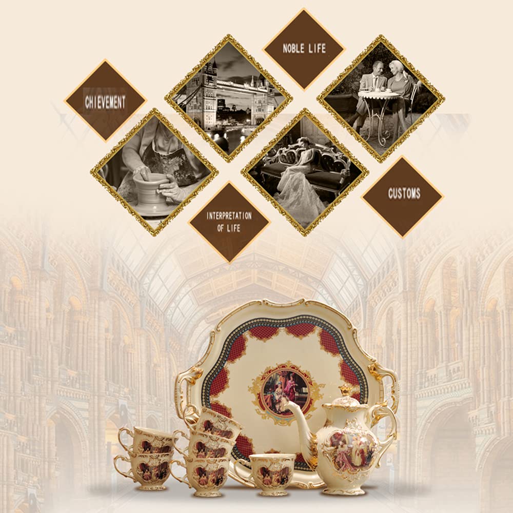 8-Piece Porcelain Coffee and Tea Gift Set with 6 Cups, Teapot, Serving Tray & Espresso Cups - European Classic Gold Trim Design - Elegant Tea Party Set for Home, Office or Gifting