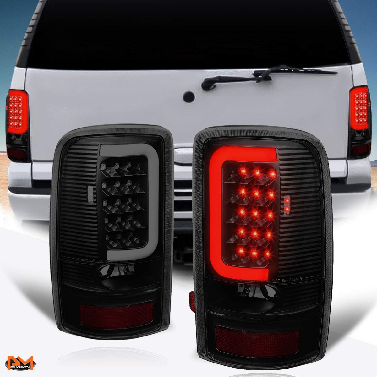 PM PERFORMOTOR 3D LED C-Shape Tail Lights Brake Lamps Assembly - Black Housing & Smoked Lens - Compatible with 2000-2006 Chevy Tahoe & GMC Yukon - Upgrade Your Truck's Style & Night Visibility