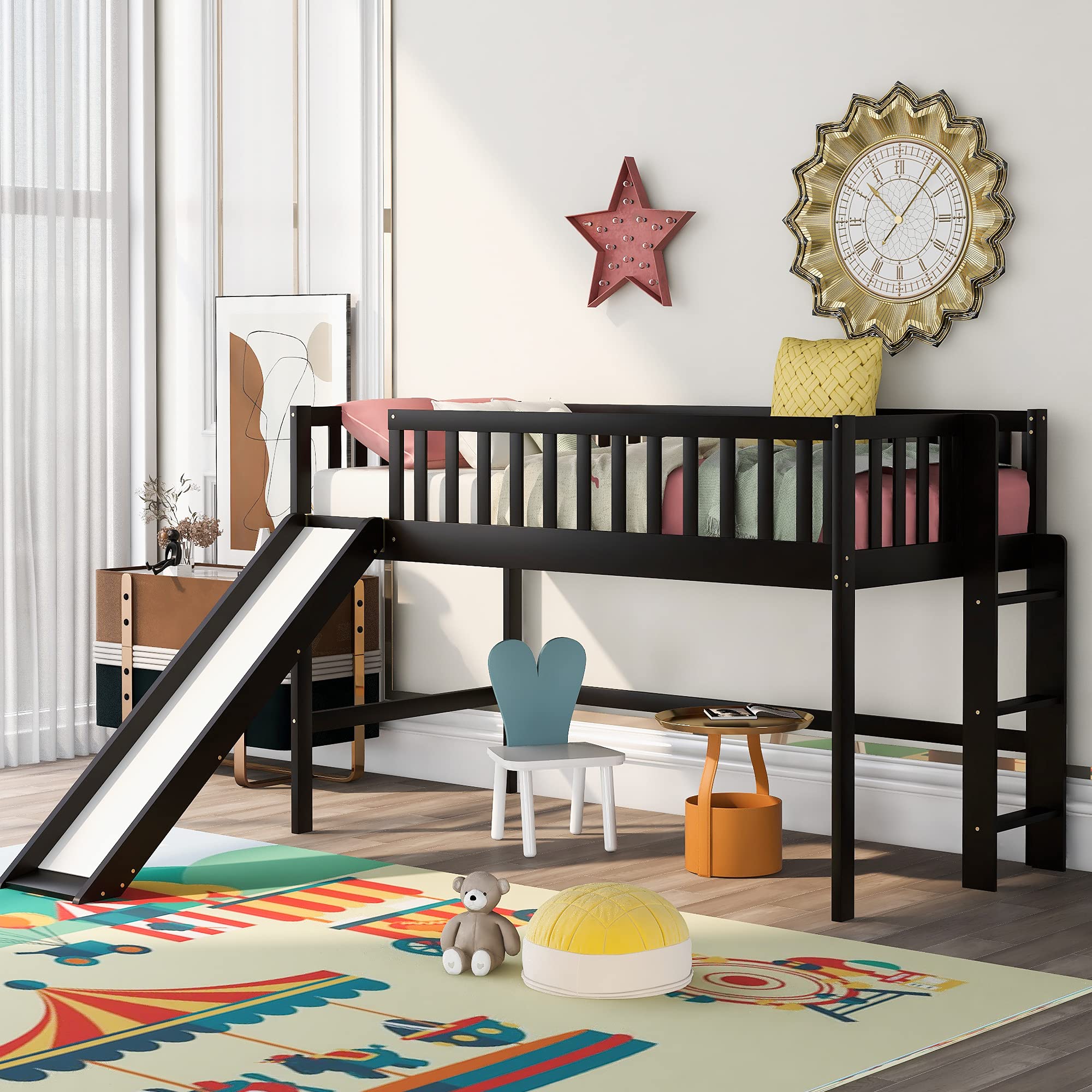 LZ LEISURE ZONE Twin Loft Bed with Slide & Ladder - Wooden Low Loft Bed Frame for Kids & Teens - No Box Spring Needed - Espresso Finish - Perfect for Small Bedrooms, Playrooms & Dorm Rooms