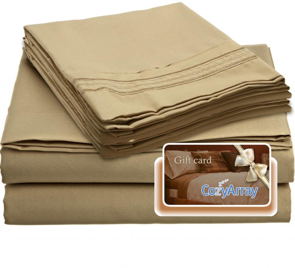 Clara Clark Premier 1800 Thread Count Luxury Bed Sheet Set - Split King Size in Camel Gold | Includes $5 Cozy Array Gift Card | Ultra Soft & Breathable for Year-Round Comfort | Perfect for Master Bedrooms, Guest Rooms & Luxury Hotels