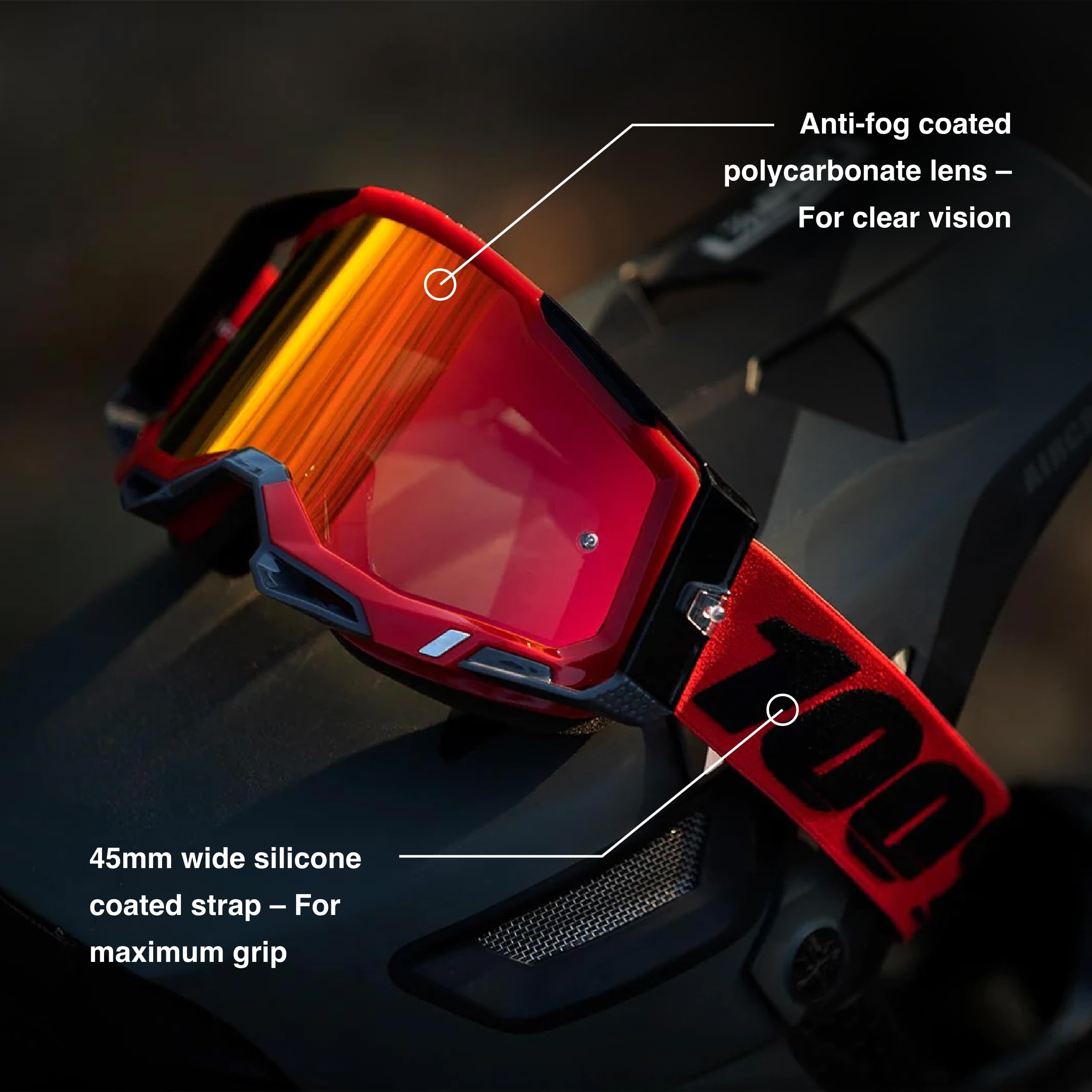 100% Racecraft 2 Motocross & Mountain Bike Goggles - Anti-Fog UV Protection Sports Eyewear with Red Frame & Mirror Red/Blue Lens - Perfect for Off-Road Racing, Trail Riding & Dirt Biking Adventures