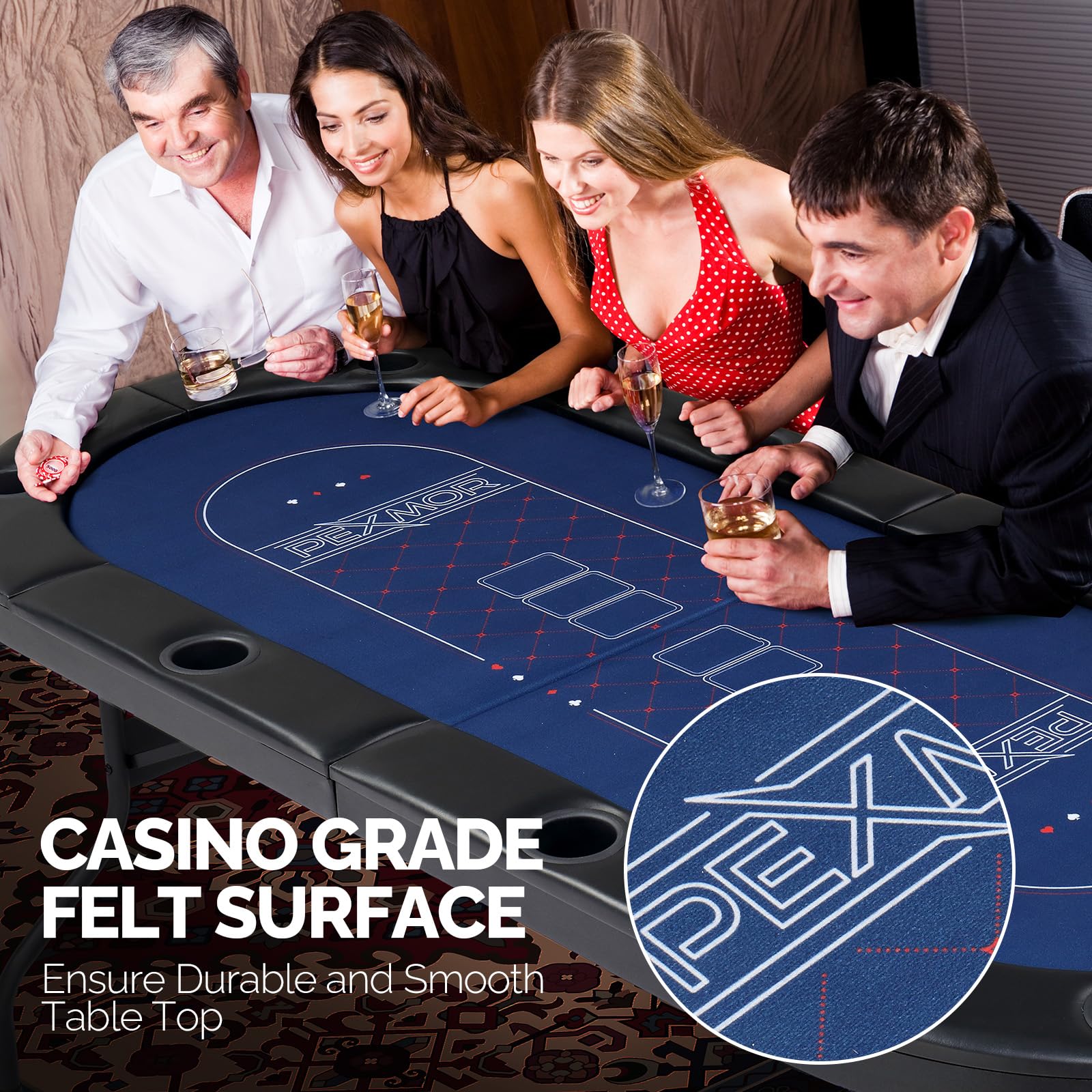 PEXMOR 8-Player Foldable Poker Table with Stainless Steel Cup Holders - Casino-Grade Felt & Water-Resistant Cushioned Rail - Texas Holdem Blackjack Game Table for Home & Casino Nights | Perfect for Poker Parties, Game Rooms & Casino-Themed Events
