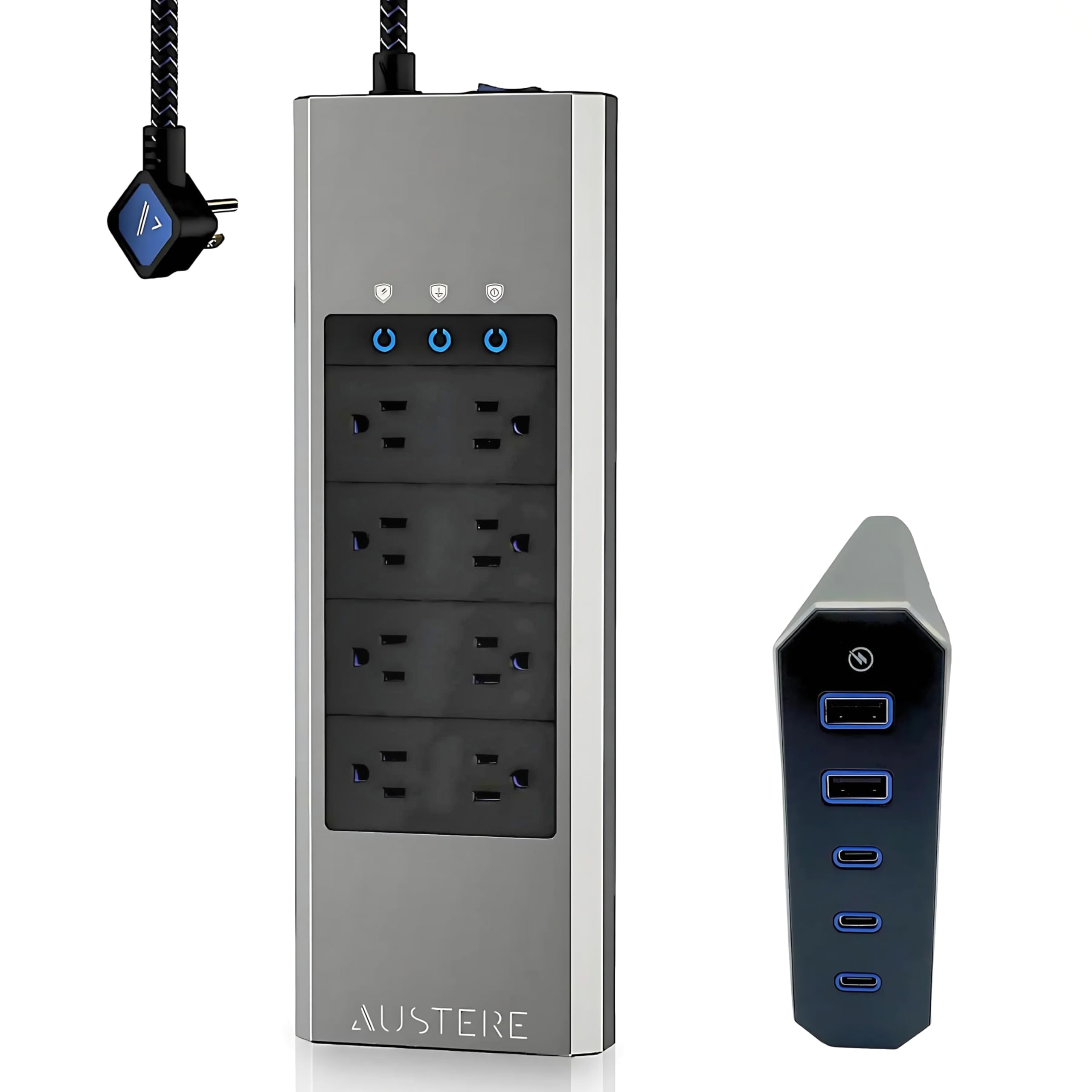 Austere V Series Surge Protector Power Strip - 8 Outlets, 3 USB C & 2 USB A Ports (2.4A) | 3000J Heavy Duty Protection, EMI/RFI Filter | 5-Year Warranty | Perfect for Home Office, Gaming Setup & Electronics Protection