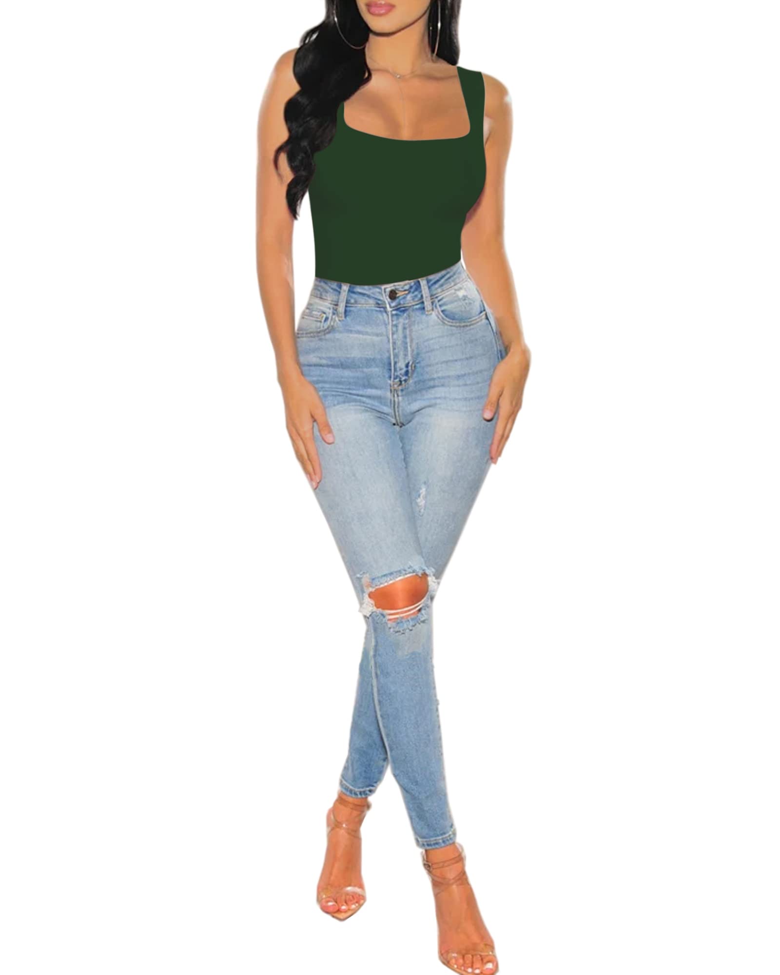 Women's Square Neck Sleeveless Bodysuit Tank Top - Stretchy Comfort Fit for Yoga, Workout & Casual Wear