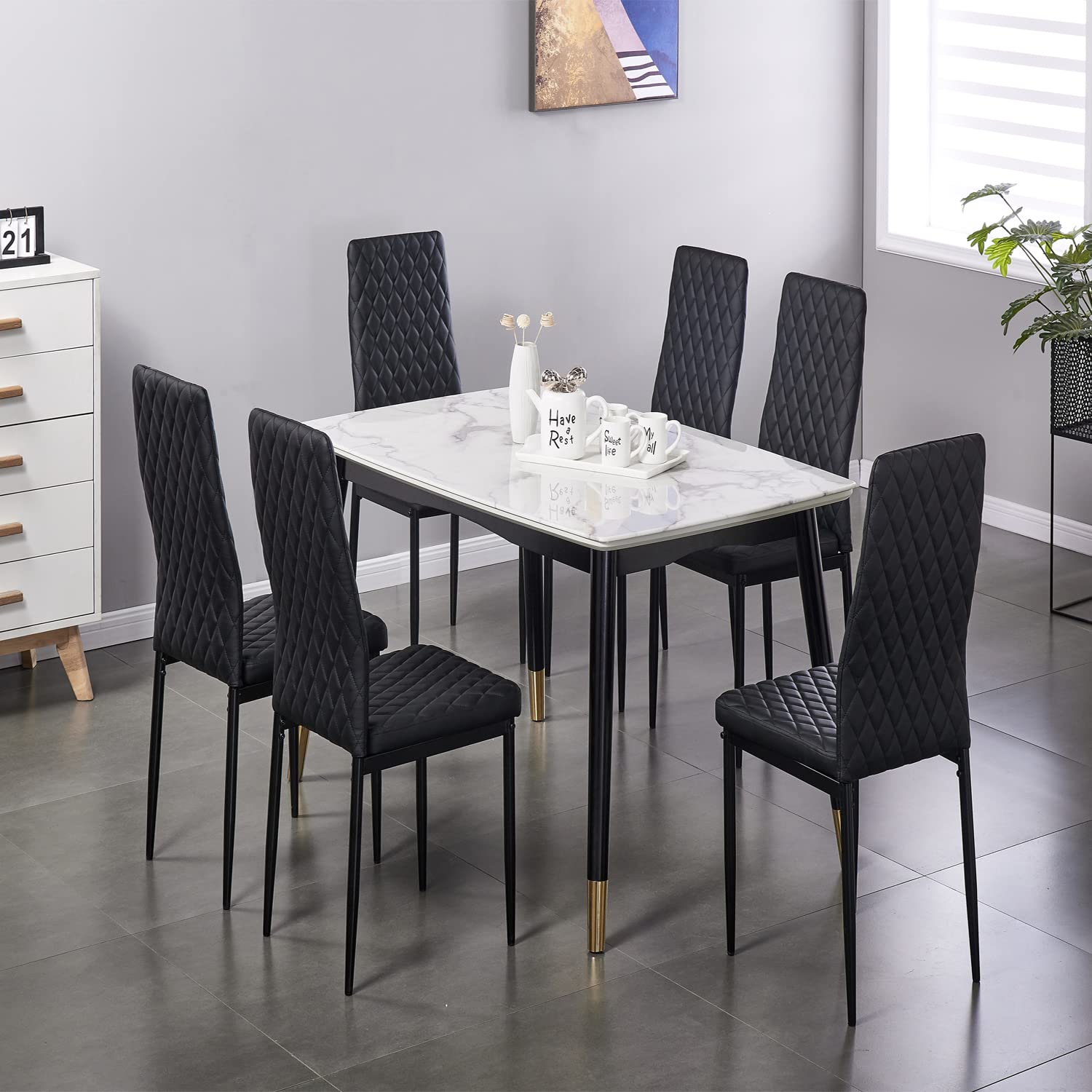 6 Modern Leather Dining Chairs Set with Upholstered Cushion & High Back - Powder Coated Metal Legs, Rhombus Pattern Seats for Home, Kitchen, Living Room & Bedroom (Black) | Perfect for Family Dinners, Entertaining Guests & Stylish Home Decor