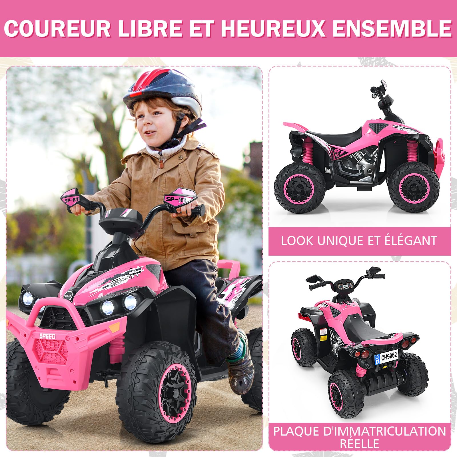 DREAMADE 12V Kids Electric ATV Quad Bike - Adjustable Speed, Forward/Reverse, LED Lights, Music, Horn & Pedal - 35kg Capacity Pink Ride-On Car for Boys & Girls - Perfect for Backyard Play, Birthday Gifts & Outdoor Adventures