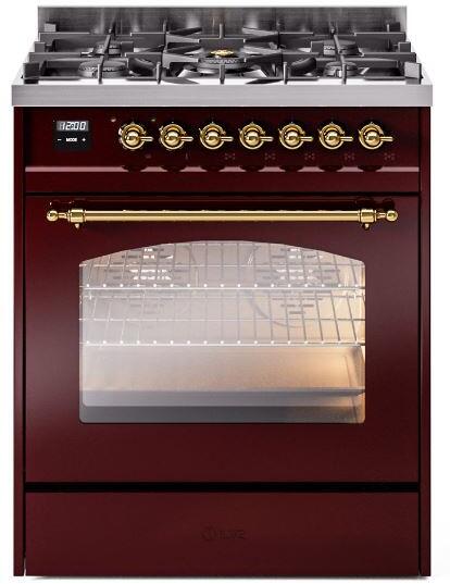 ILVE Nostalgie II 30-Inch Dual Fuel Natural Gas Range with Brass Trim - Burgundy Red | Professional Kitchen Appliance for Home Chefs & Cooking Enthusiasts | Perfect for Gourmet Meals & Entertaining