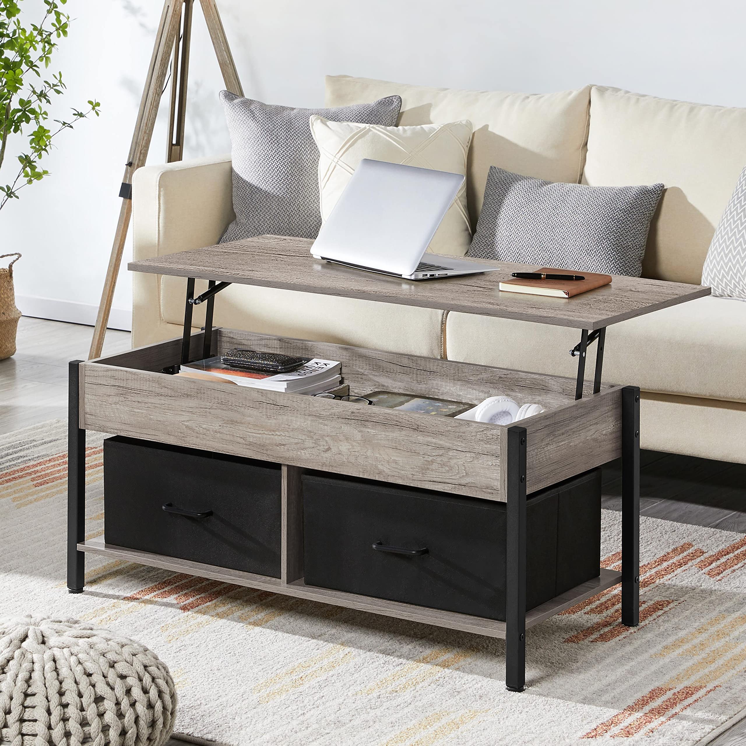 Yaheetech 3-Piece Coffee Table Set - Lift Top Coffee Table with Storage Baskets & Hidden Compartment, 2 Industrial End Tables with 2-Tier Shelves, Gray - Perfect for Living Room, Home Office & Small Spaces