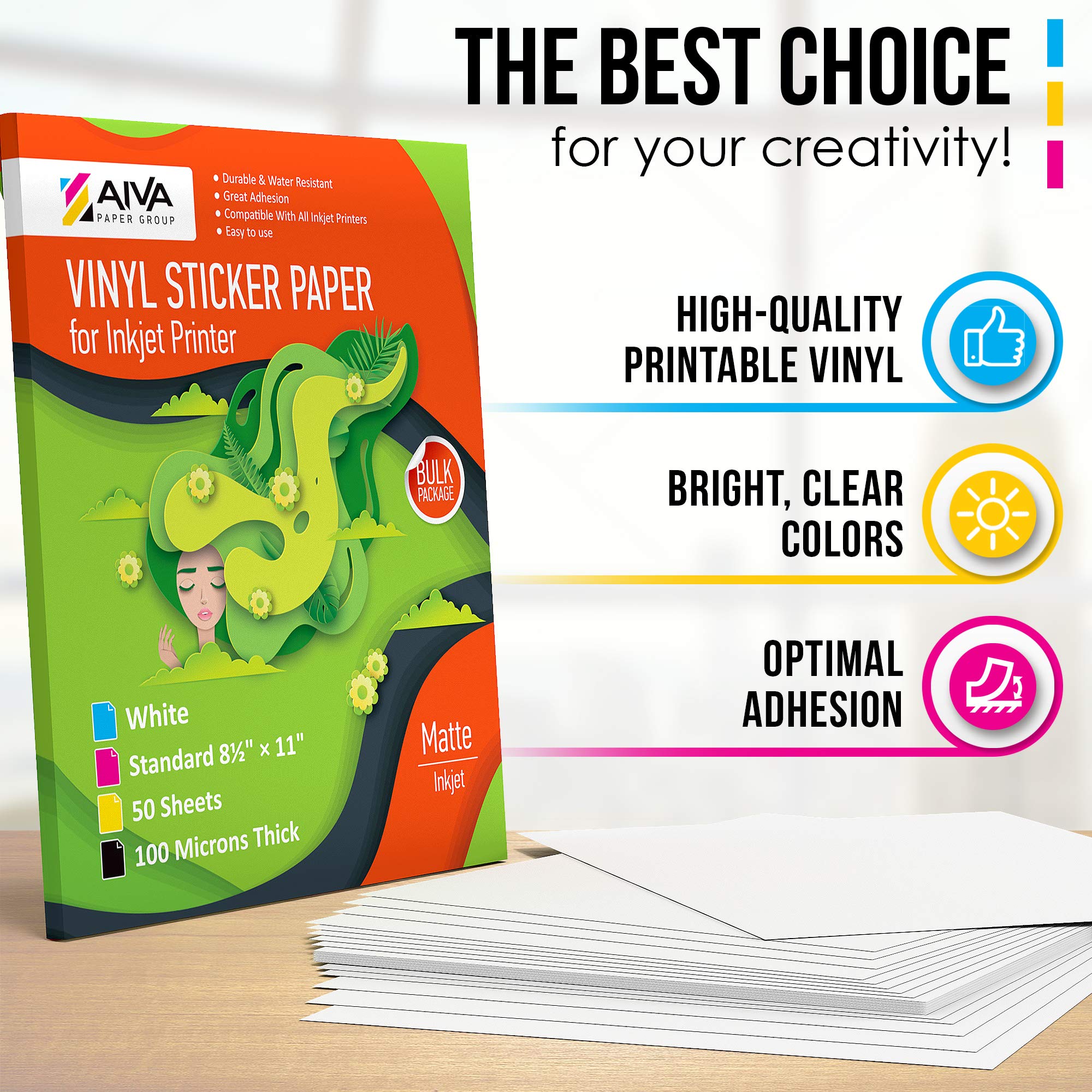 Waterproof Printable Vinyl Sticker Paper for Inkjet Printers - 50 Self-Adhesive Matte White Sheets - 8.5