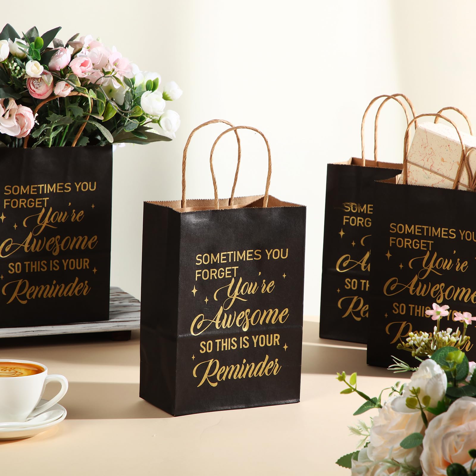 Geyoga 100 Pcs Black Thank You Gift Bags Bulk - 8.3 x 3.2 x 5.9 in Employee Appreciation Paper Bags with Handles - Perfect for Volunteer, Teacher, Colleague, Nurse, Birthday Party & Corporate Events