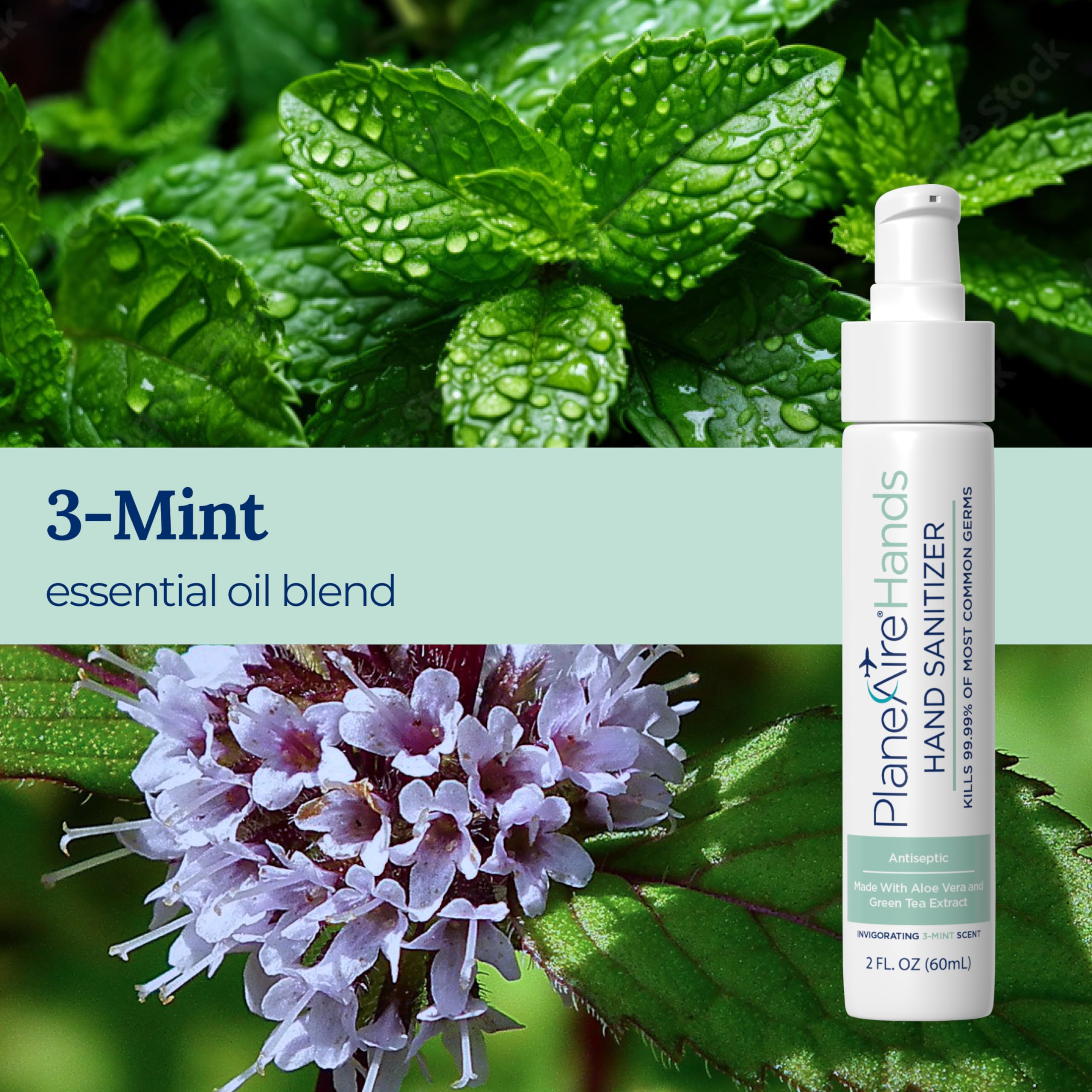 3-Mint Gel Hand Sanitizer (6-Pack) - Soothing Moisturizing Hydrating Formula with Aloe Vera & Green Tea Extract | Travel Size with Peppermint Essential Oil | Perfect for Cars, Backpacks, Travel & Daily Hygiene | Antibacterial & Refreshing Gel for On-the-Go Use