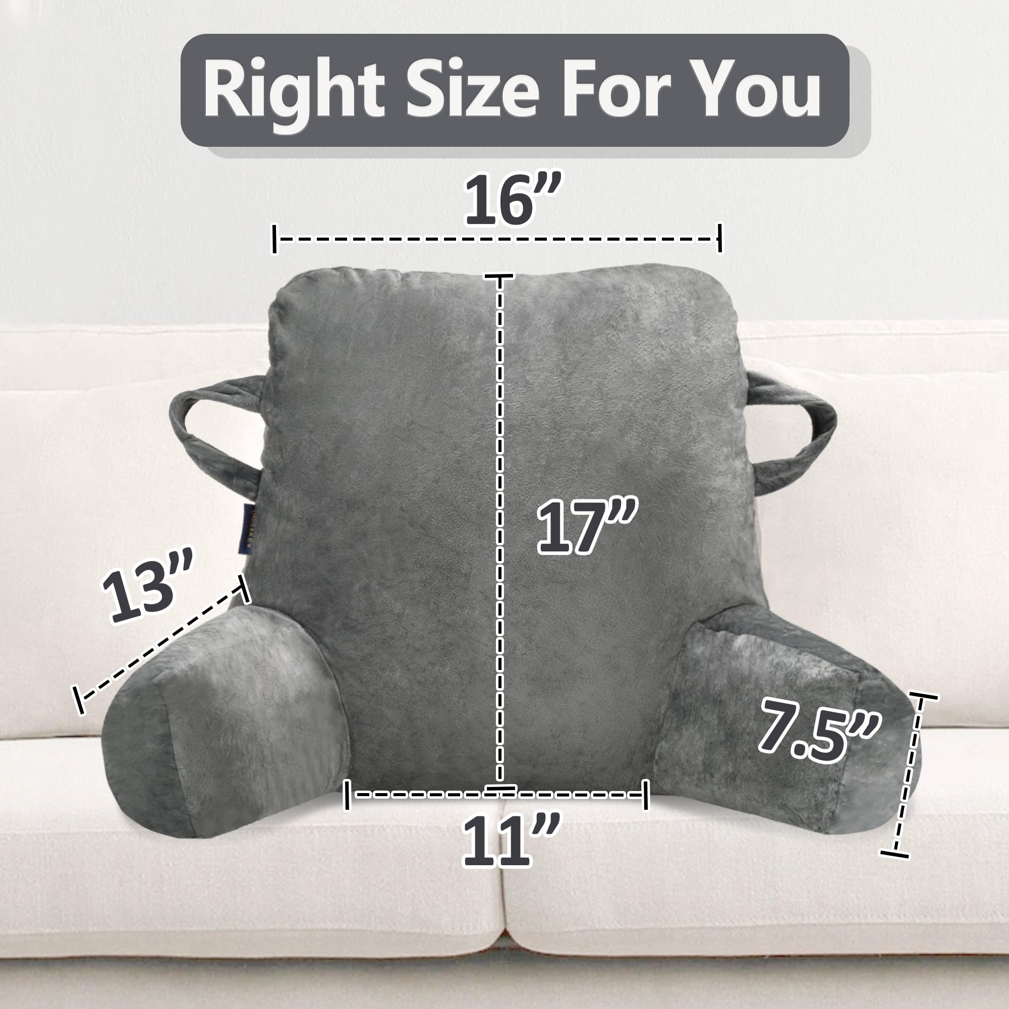 Portable Comfort Reading Pillow for Adults - Grey Bed Pillow with Arms & Pockets, Elastic Sponge Support & Washable Cover - Perfect for Reading, Watching TV, Gaming & Relaxing in Bed or on the Floor