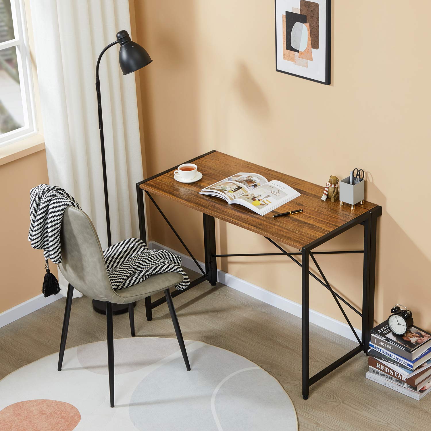 Modern Small Computer Folding Desk for Home Office - 39 Inch Rustic Brown Compact Writing Table | Space-Saving Study Desk for Small Apartments, Dorm Rooms & Workspaces
