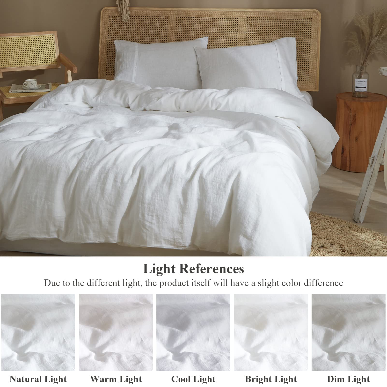 Ivellow 100% Pure Washed French Flax Linen King Duvet Cover Set - 3 Piece White Breathable Cooling Bedding (Duvet Cover + 2 Pillow Shams) | Soft Moisture Wicking Fabric for All-Season Comfort | Perfect for Master Bedroom, Guest Room & Vacation Homes