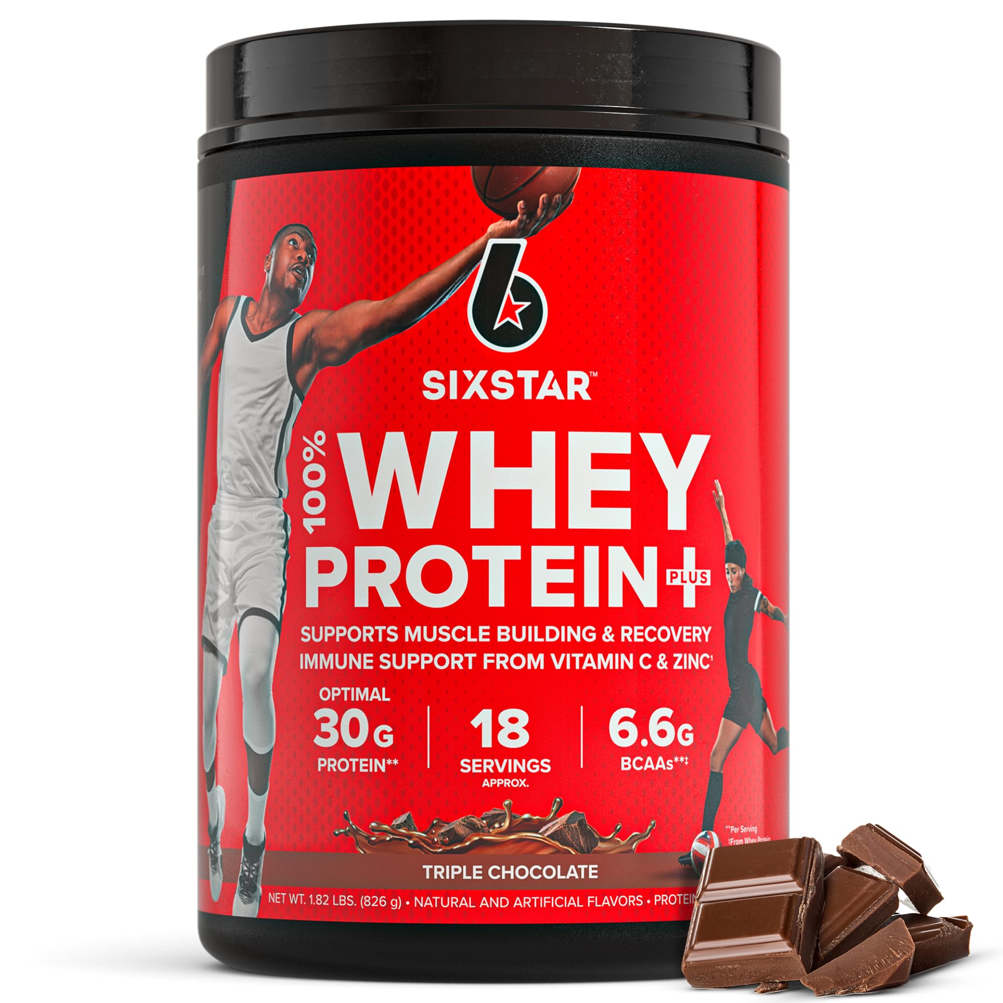 Six Star Whey Protein Powder Plus - Muscle Building & Recovery Formula with 30g Protein, Whey Isolate & BCAAs for Immune Support - Post-Workout Supplement for Men & Women - Triple Chocolate Flavor (1.8 lbs) - Ideal for Gym Training, Muscle Recovery & Healthy Lifestyle