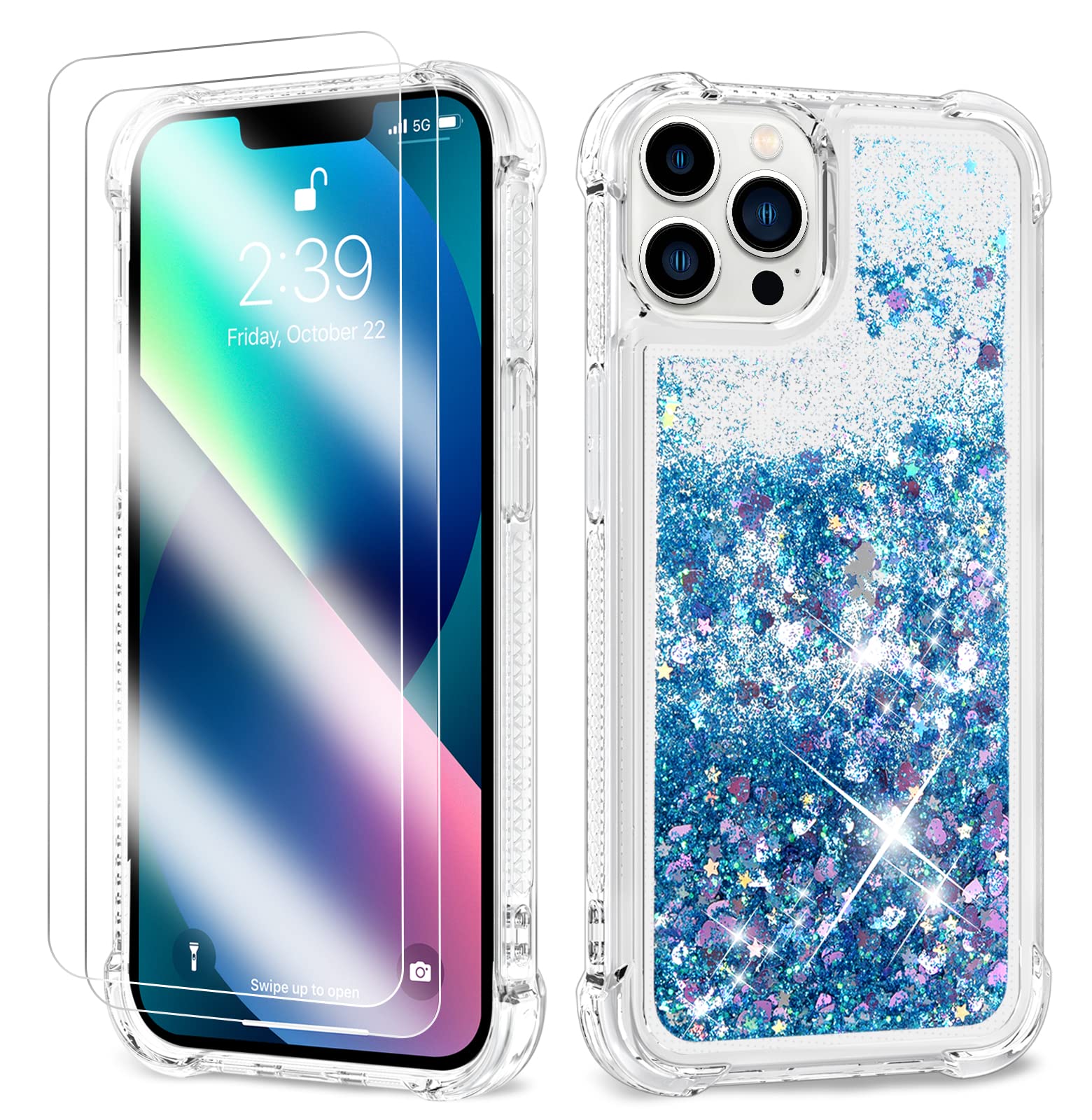 ANSHOW Liquid Glitter iPhone 13 Pro Max Case for Women - Slim Clear Sparkly Protective Cover with 2 Screen Protectors | Cute Bling Design for Girls | Perfect for Everyday Use, Parties & Gift Giving