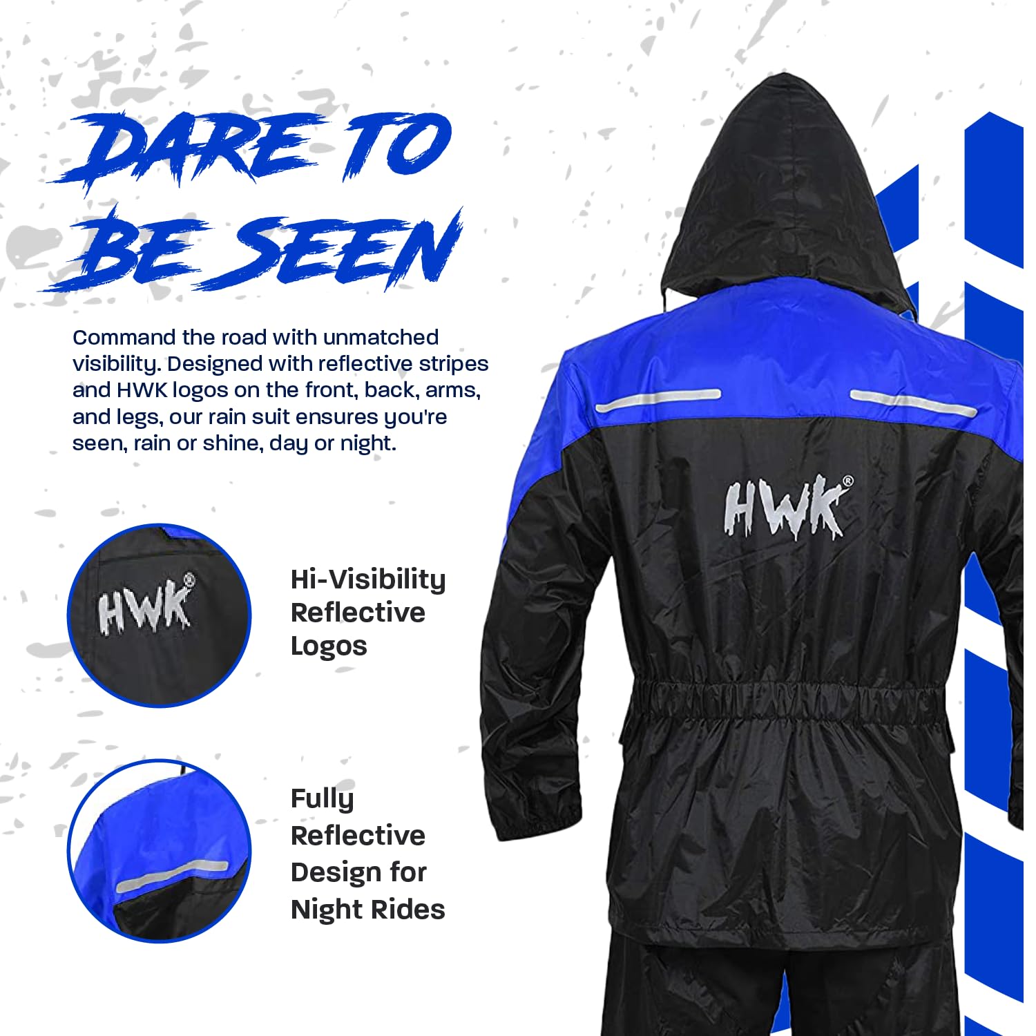 HWK Motorcycle Rain Suit for Men & Women - Waterproof 2-Piece Riding Gear with Reflective Jacket & Pants | All-Season Weather Protection for Commuting, Touring & Adventure Riding | Blue, X-Large