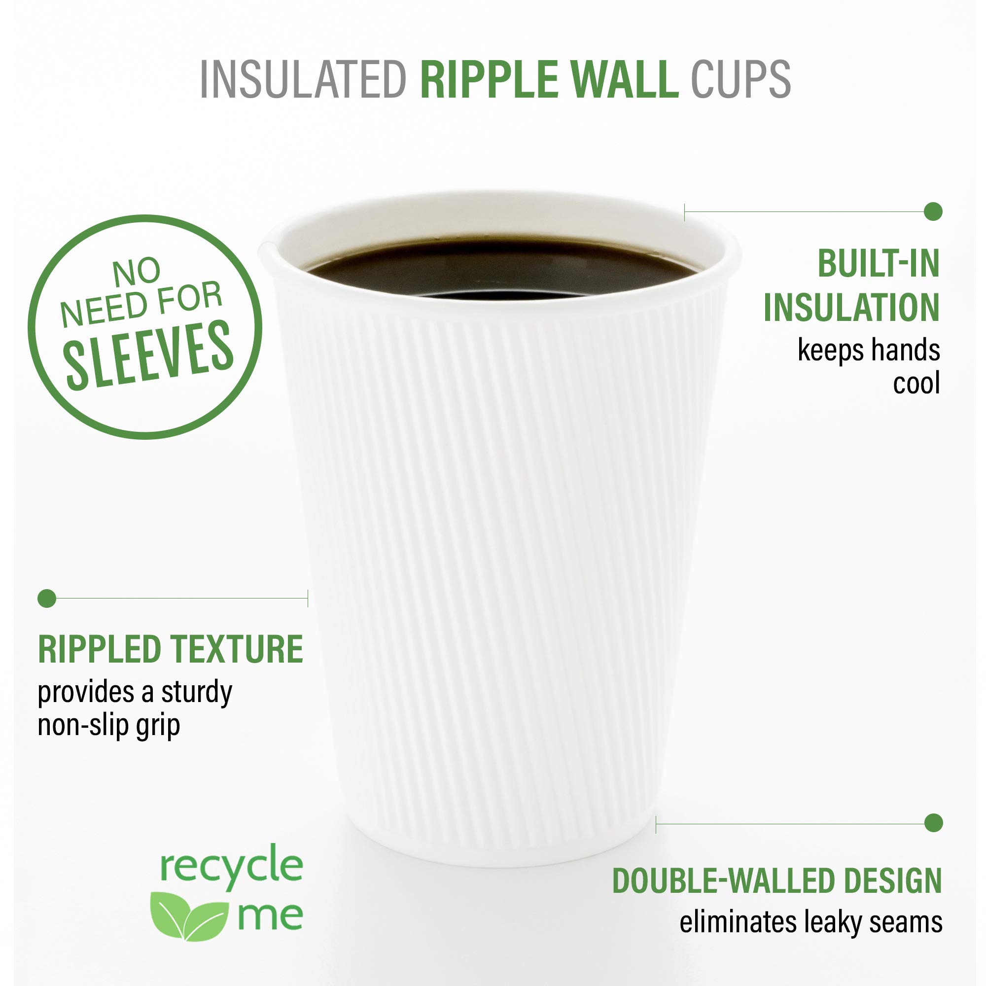 16oz Disposable Coffee Cups - 500 Pack White Insulated Paper Cups with Ripple Wall & Rolled Rim for Hot Coffee, Tea, Cocoa - Lids Sold Separately - Perfect for Restaurants, Cafes, Offices & Home Use