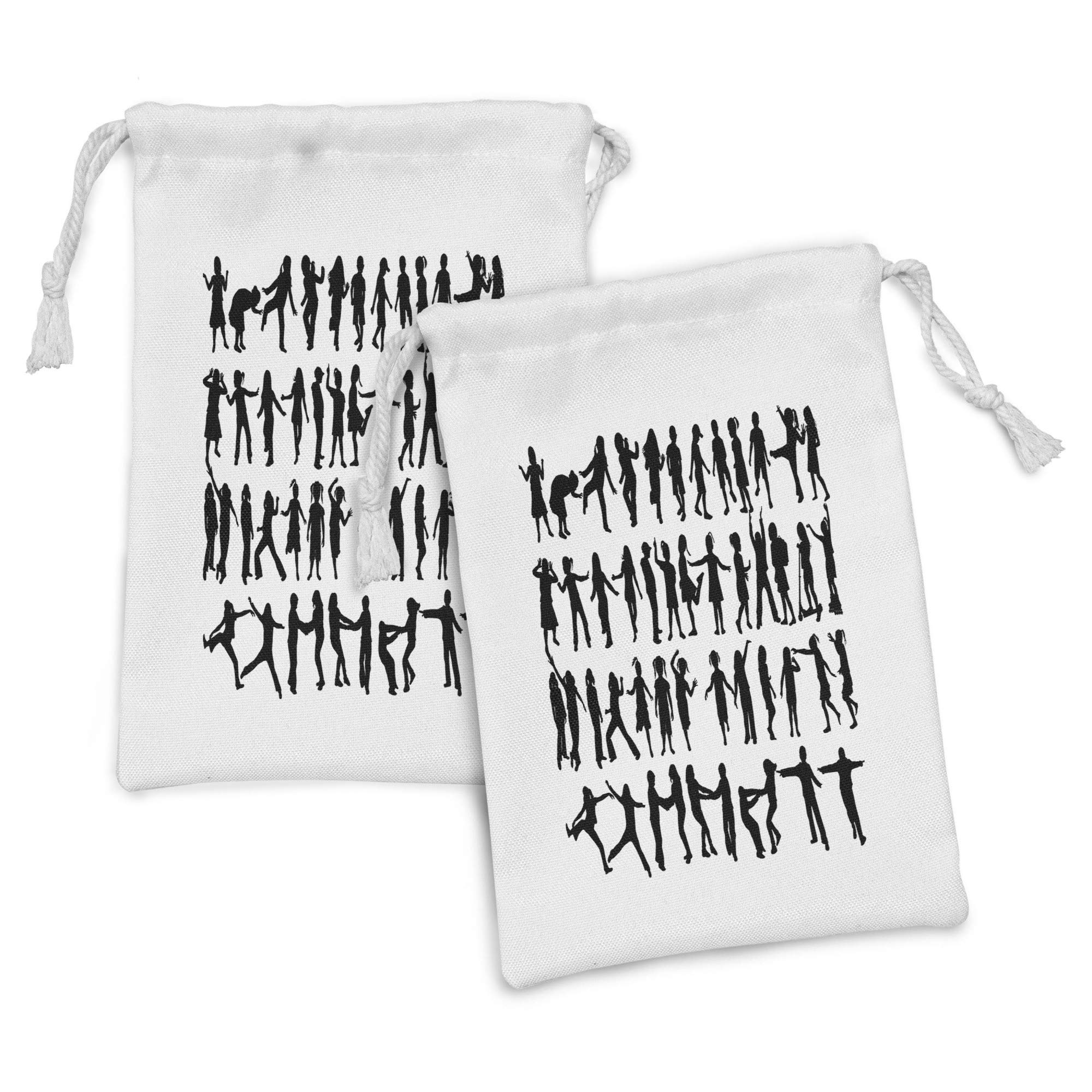 Ambesonne 2-Pack Silhouette Fabric Drawstring Pouches - Funny Dance Class Poses Monochrome Design, Small 9