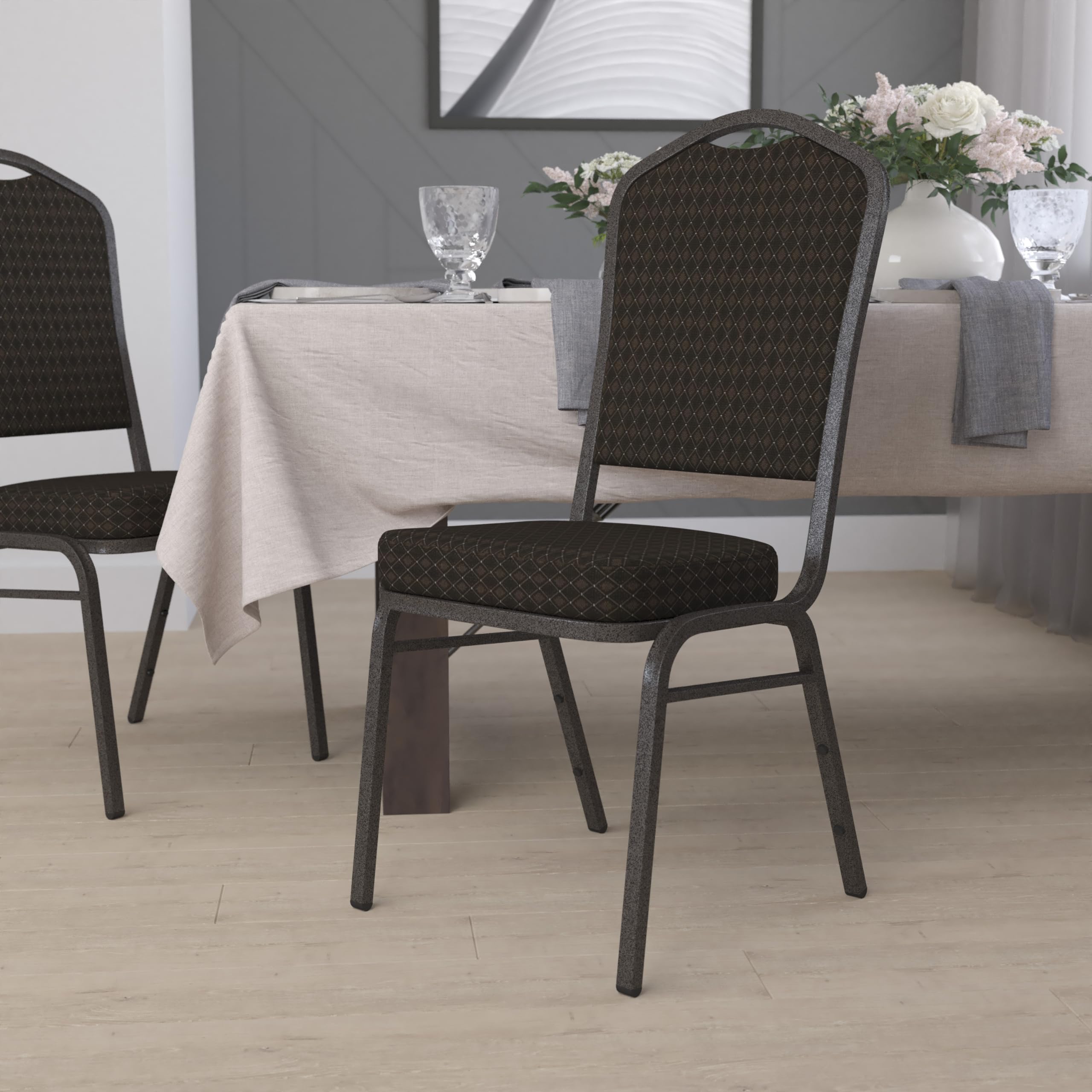 EMMA + OLIVER Crown Back Banquet Chair - Brown Patterned Fabric with Gold Vein Frame - Elegant Dining Room & Wedding Event Seating