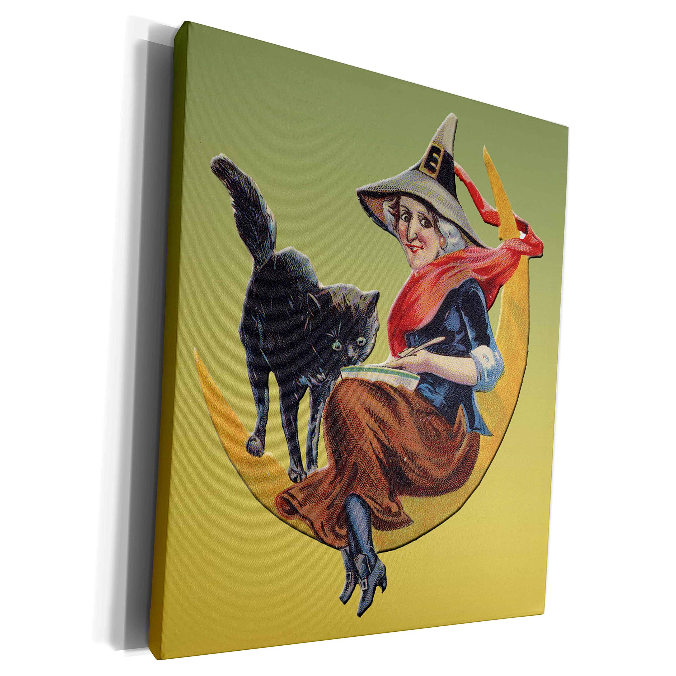 3dRose Museum Grade Canvas Wrap - Vintage Halloween Witch Sitting on Moon with Black Cat Wall Art - Perfect for Spooky Home Decor, Halloween Party & Gothic Room Aesthetic