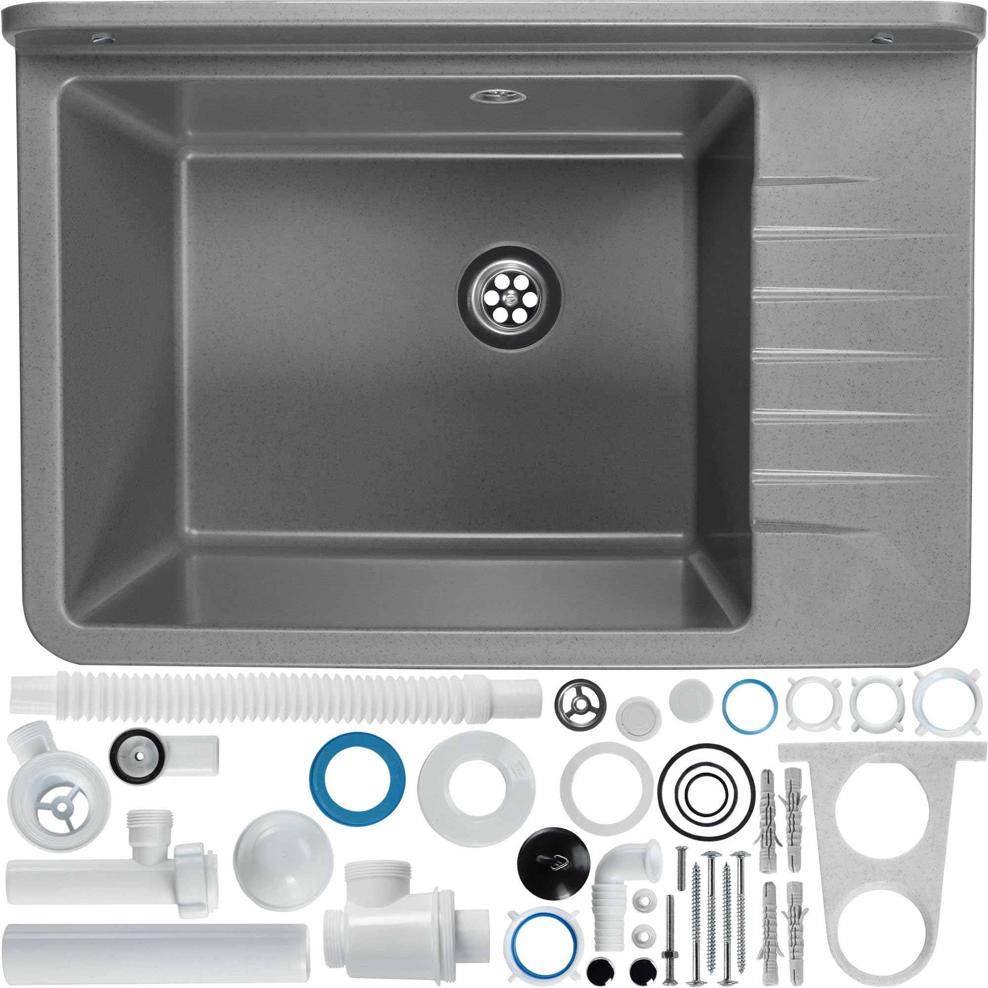 GOSPO 50.5 x 34 x 26.5 cm Polypropylene Kitchen Sink with Professional Siphon & Mounting Kit - Durable Grey Utility Sink for Home, RV, Laundry Room & Outdoor Use