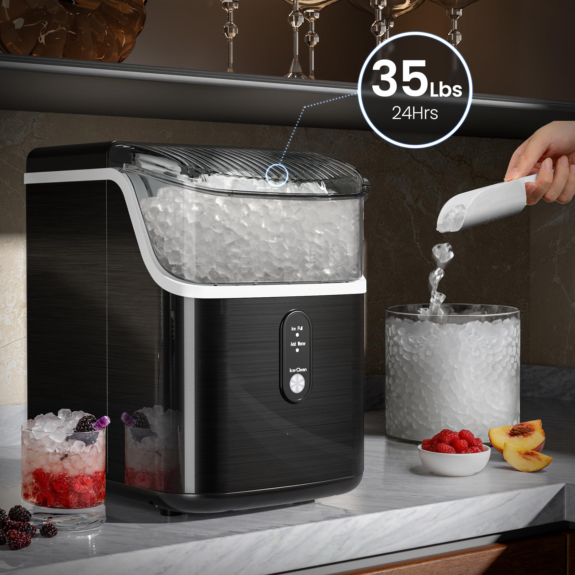 Kismile Countertop Nugget Ice Maker Machine - 35lbs/Day Pellet Ice Maker with Self-Cleaning & One-Click Operation, Portable Crushed Ice Maker for Home, Kitchen, Office - Perfect for Cocktails, Sodas & Entertaining