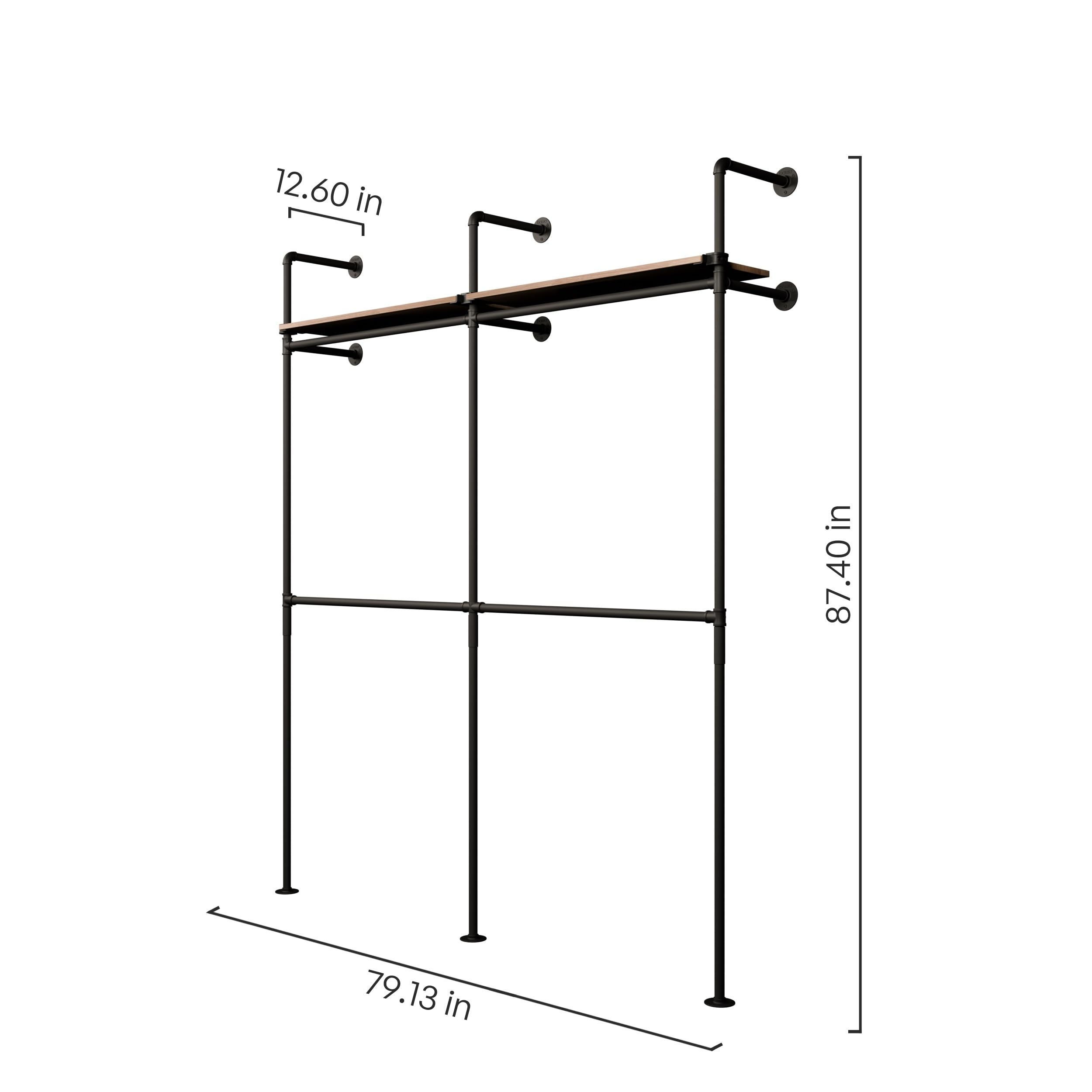 Heavy Duty Wall Mounted Industrial Pipe Clothing Rack with Wooden Shelf - 700 lbs Capacity Walk-In Closet Organizer for Bedroom, Laundry Room & Commercial Use