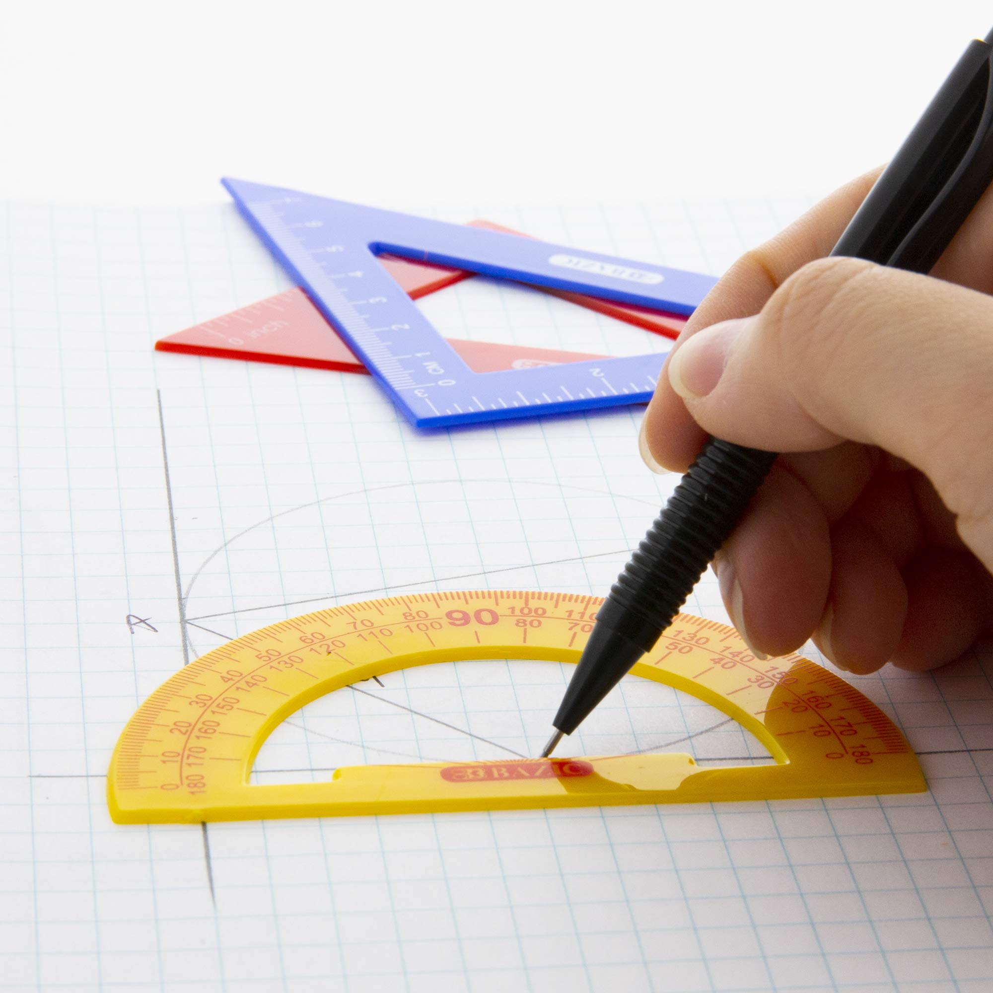 BAZIC 11-Piece Math Geometry Set with Protractor, Compass, 2 Triangle Rulers, Pencil Sharpener, Mechanical Pencil, Lead Refills & Eraser in Storage Box (144-Pack) - Perfect for Students, Engineers, Architects & School Supplies