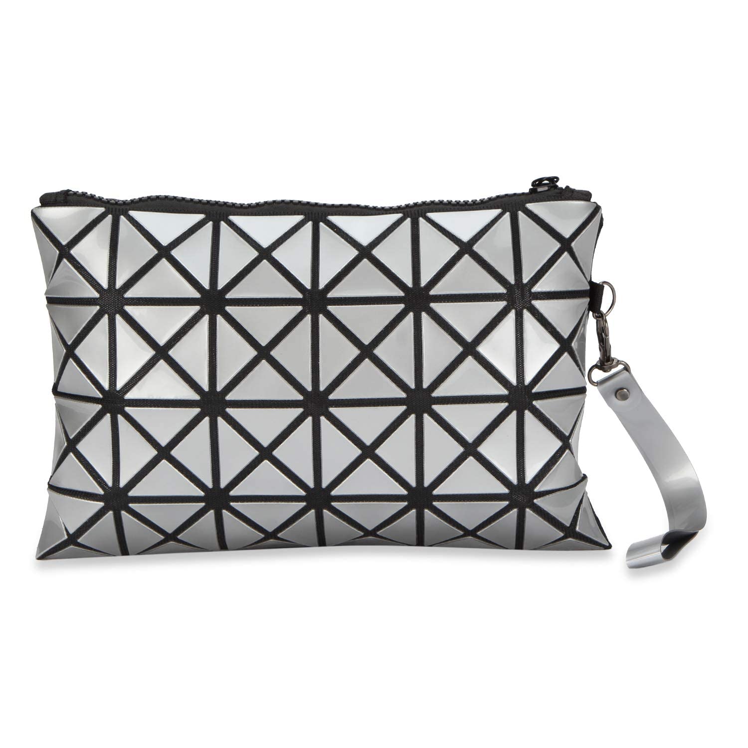 Vibgyor Geometric Design Makeup Pouch for Women - Stylish Travel Cosmetic Bag Organizer for Makeup Accessories & Vanity Essentials - Perfect for Girls' Travel, Daily Use & Gift (Silver)