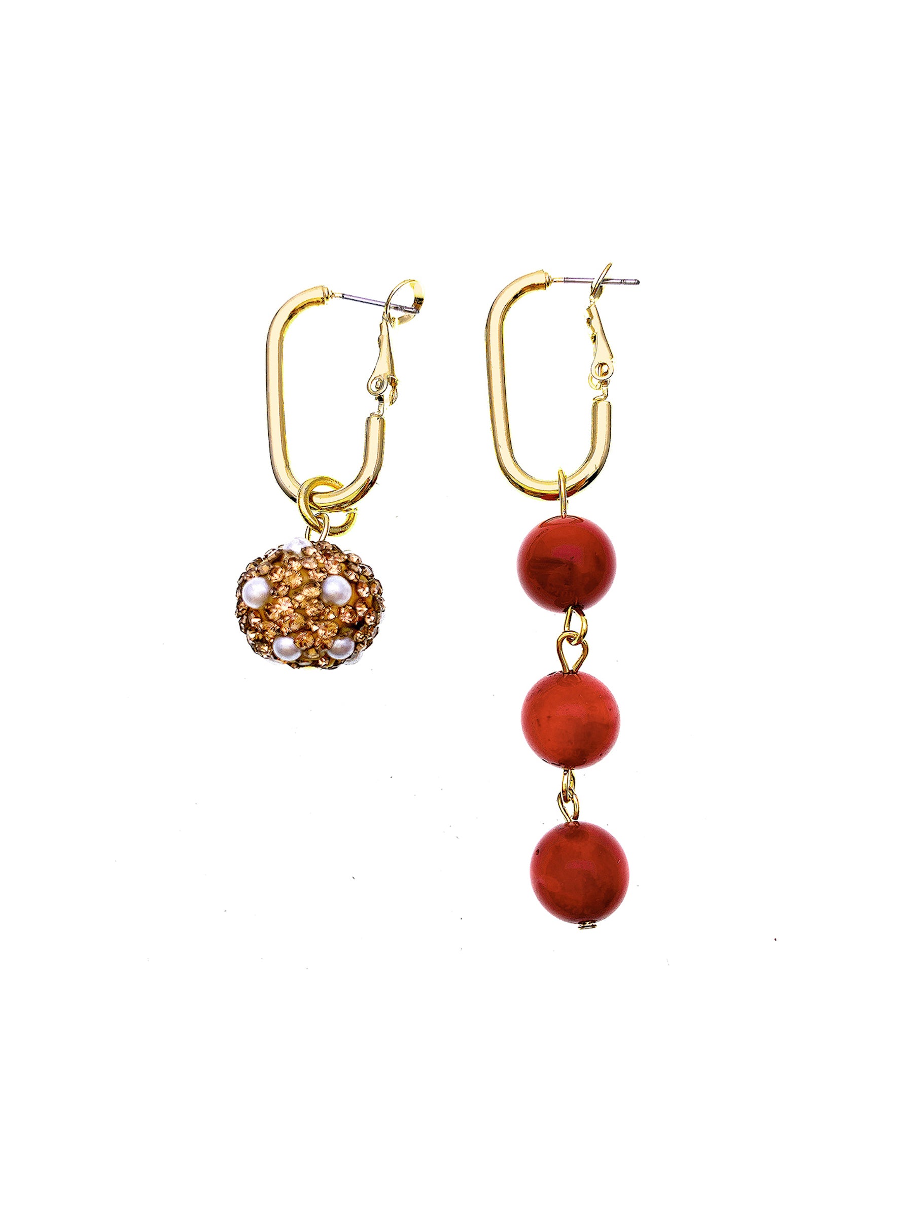 Red Coral Rhinestone Asymmetric Drop Earrings FE004 - Elegant Statement Jewelry for Parties, Weddings & Special Occasions