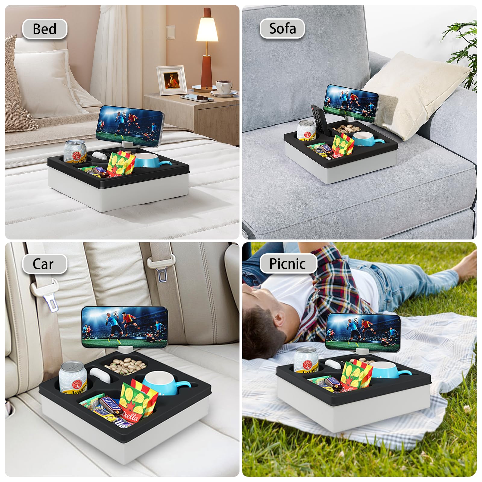 Rotatable Couch Caddy with Phone Holder - Sofa & Bed Cup Holder Tray Organizer - Waterproof Drink Holder for Beverages, Snacks & Remote Control - Perfect for Living Room, Bedroom & Home Theater (Black)