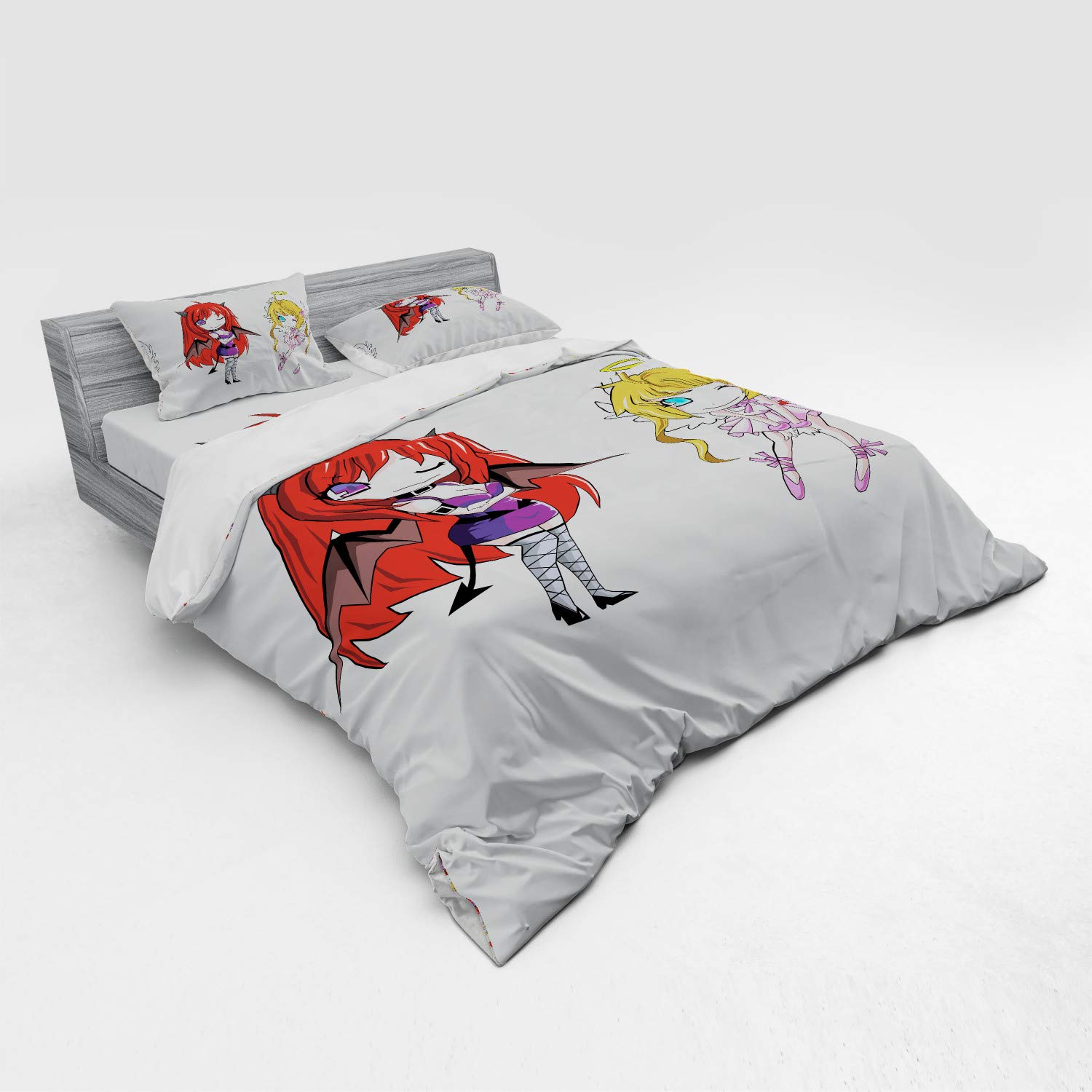 Ambesonne Anime Bedding Set - Angel Wings & Demon Girl Japanese Manga Print Duvet Cover 4 Piece Set with Pillow Shams & Fitted Sheet, King Size White | Perfect for Anime Fans, Cosplay Enthusiasts & Manga Lovers Bedroom Decor