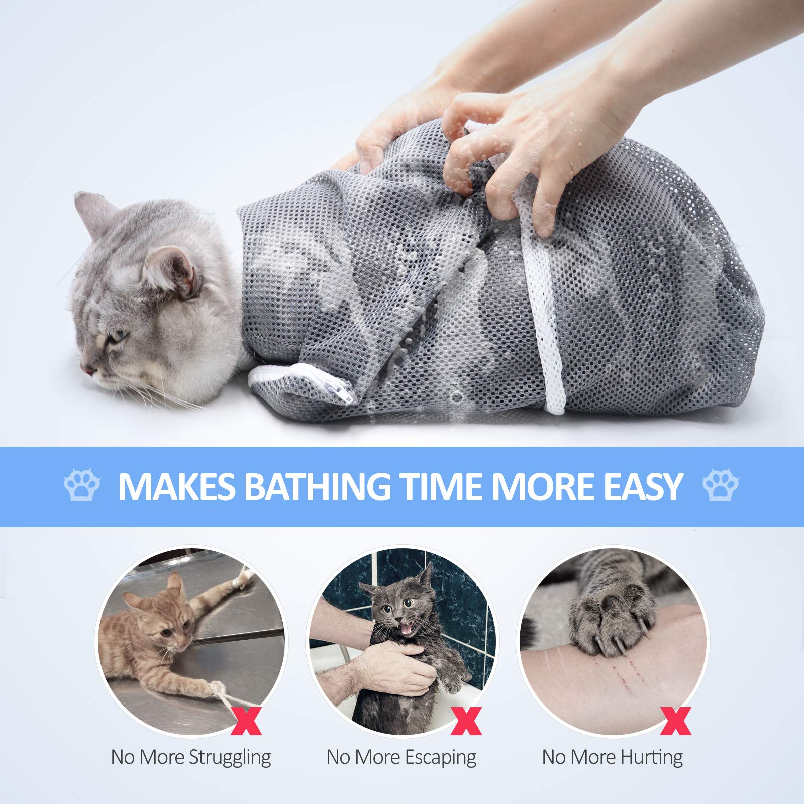 **Adjustable Cat Bathing Bag - Anti-Bite & Scratch-Proof Pet Grooming Bag for Cats & Small Dogs - Secure Washing Restraint for Stress-Free Baths (Grey) - Perfect for Home Grooming & Vet Visits**