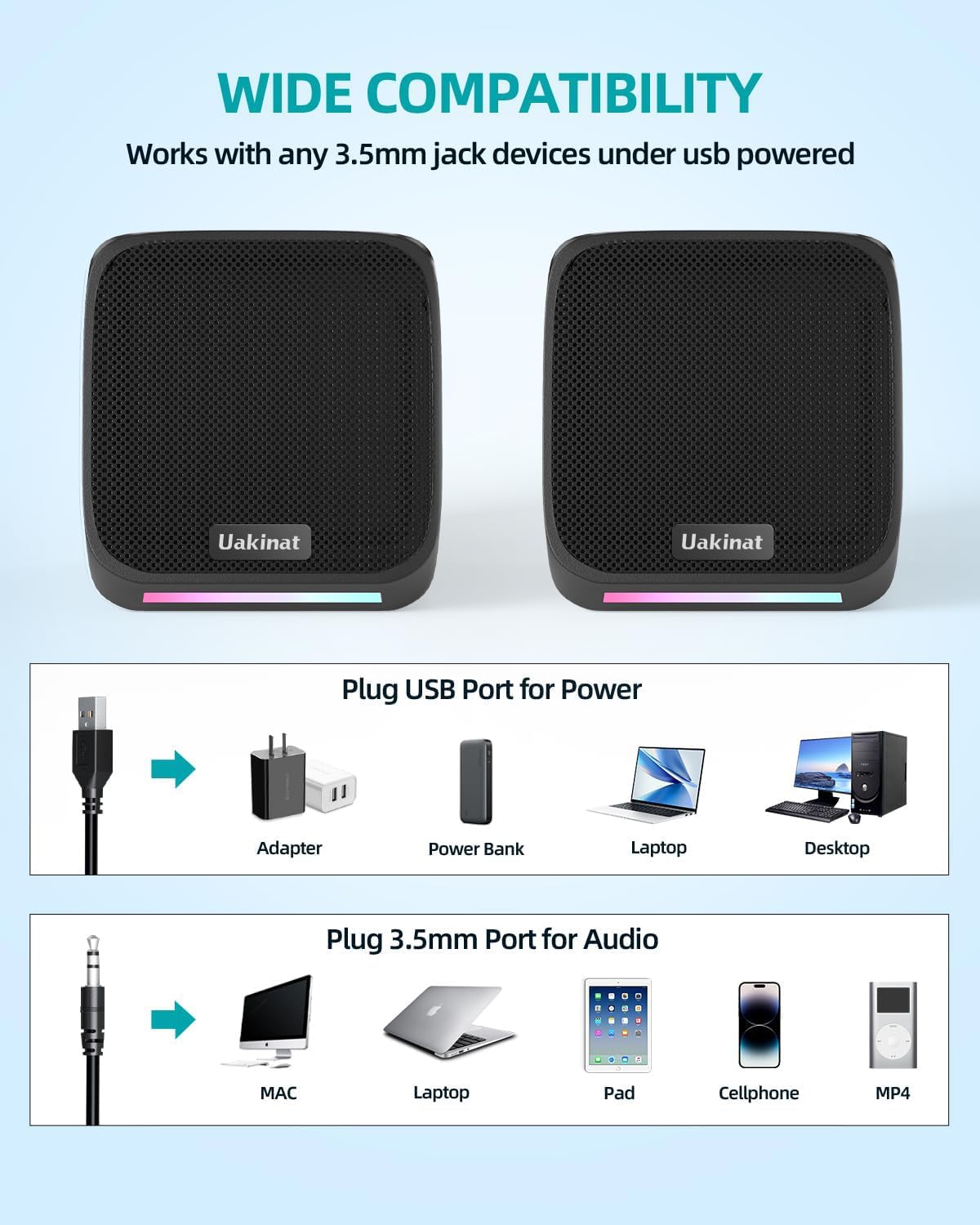 USB Powered Small Computer Speakers with 3.5mm Aux for PC, Laptop, Tablet, Phone - Compact Desktop Speakers for Home Office and Gaming Setup