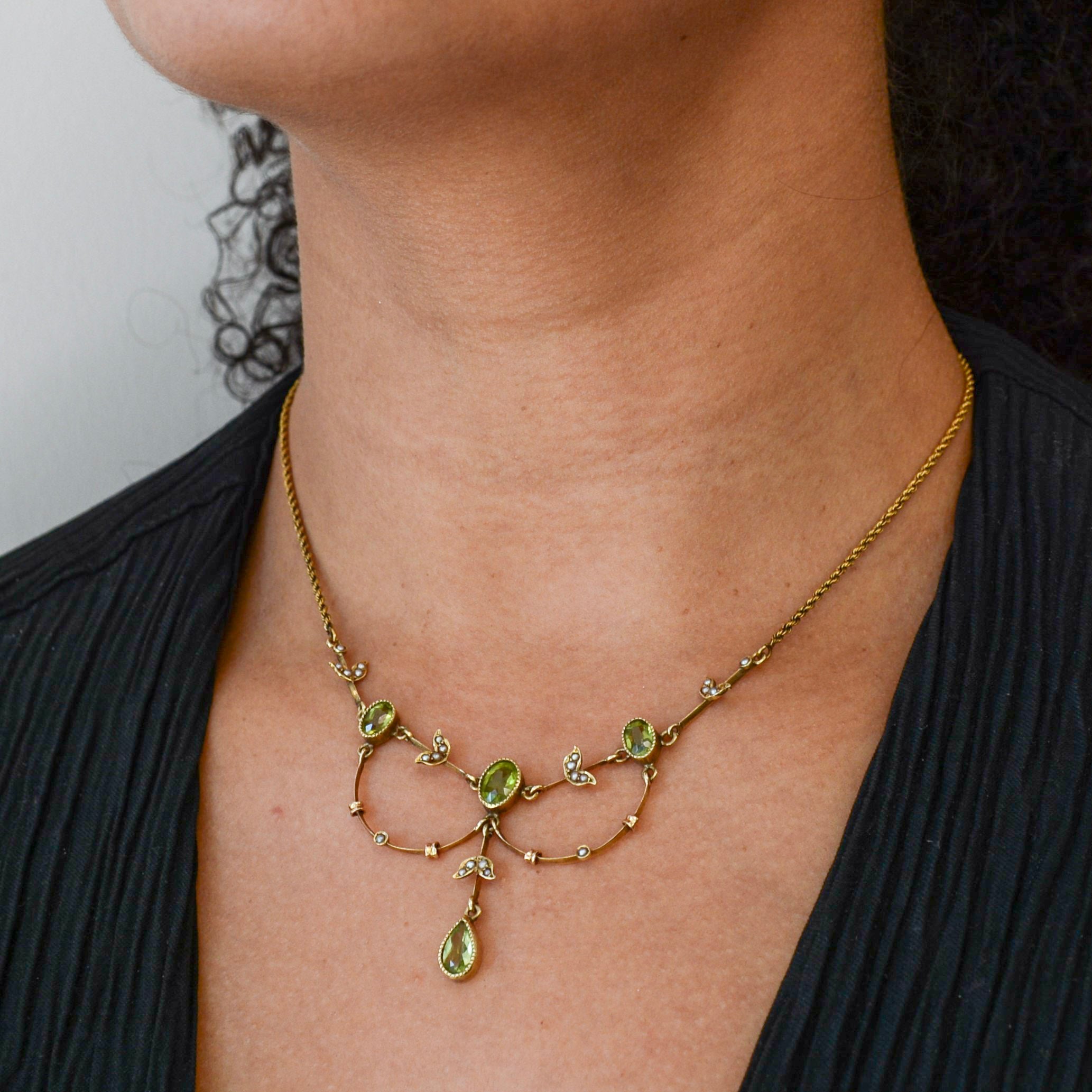 Edwardian Peridot & Seed Pearl Necklace - 16 Inch Antique Style Jewelry for Weddings, Parties & Vintage Fashion