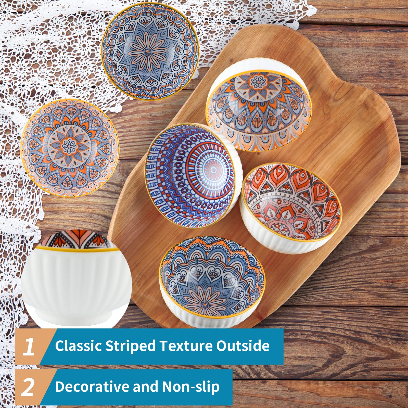 10 oz Ceramic Rice Bowls Set of 6 - Bohemian Style Dinnerware for Soup, Cereal, Dessert, Snacks & Fruit - Geometric Pattern Serving Bowls for Home, Restaurant & Gift Giving