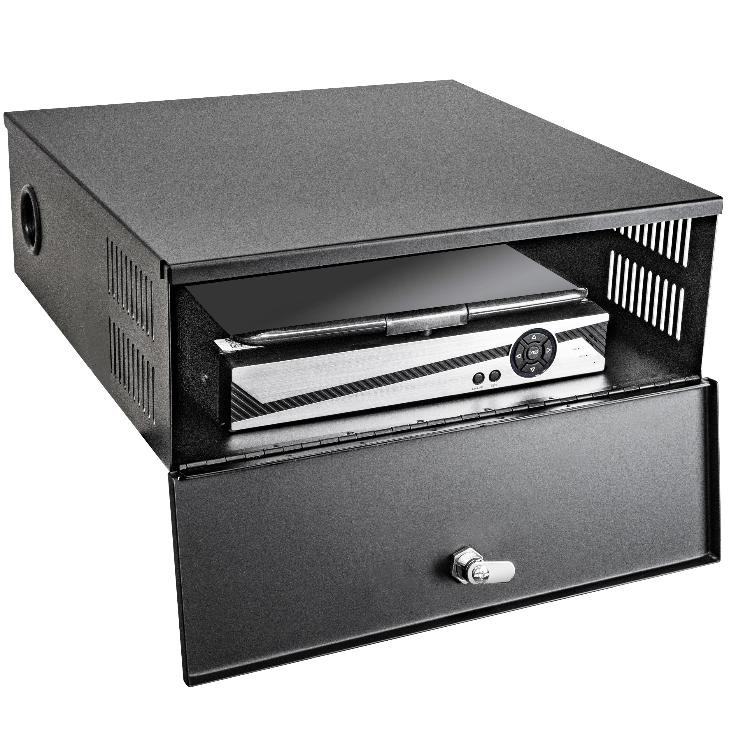 15.5 x 15.5 x 5.5 Inch Heavy Duty DVR Security Lock Box with AC Fan & Removable Lid - 18 Gauge Steel Storage Locker for DVR Equipment & Security Camera Enclosure - Ideal for Home, Office & Commercial Surveillance Systems