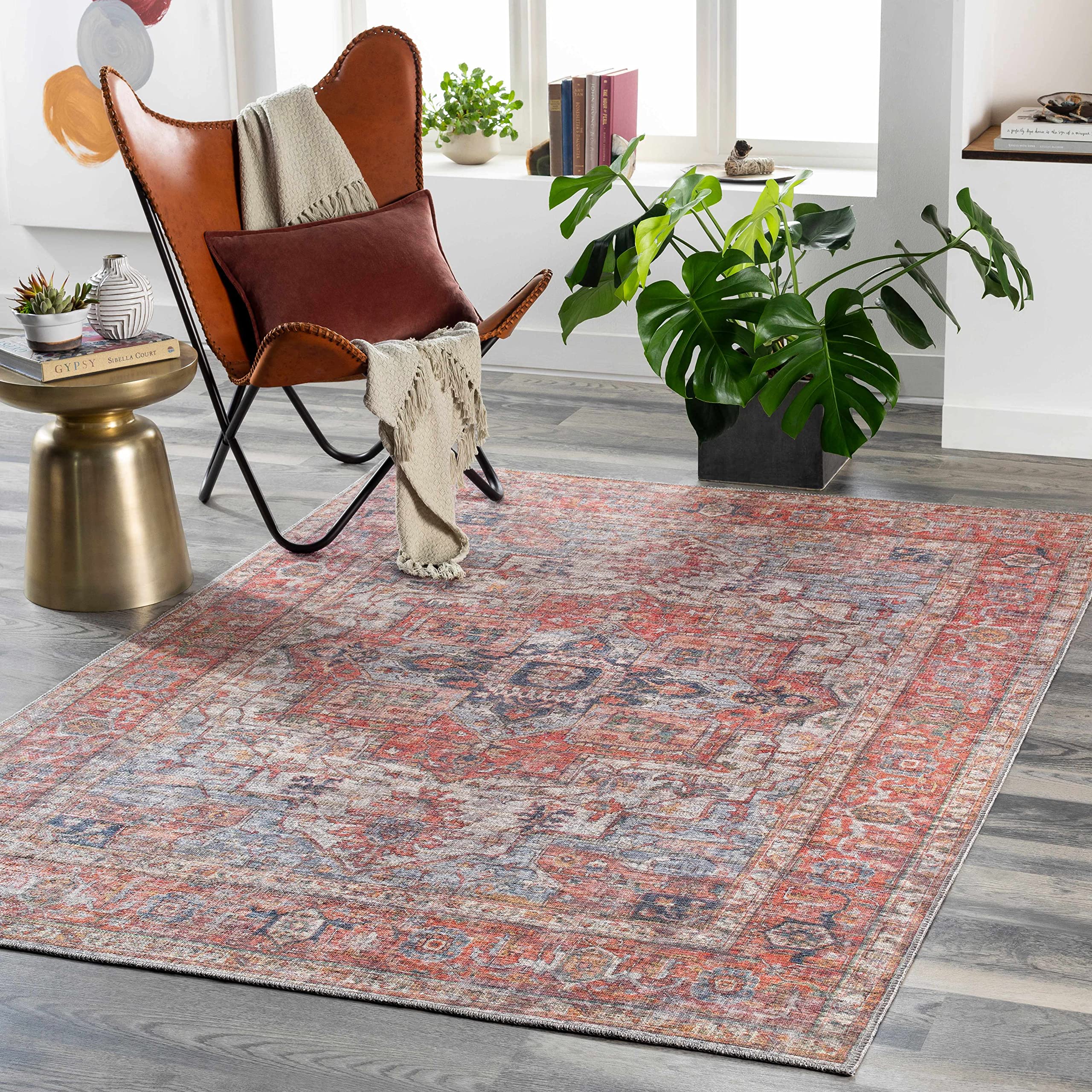 Hauteloom Lapase Machine Washable Area Rug - Soft & Durable for Living Room, Bedroom - Beige & Blue - 6'7