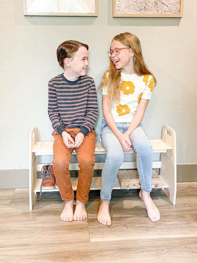 Adjustable Montessori Wooden Toddler Bench - Kids Playroom Furniture, Self Care Station & Shoe Bench for Toddlers - Perfect for Playrooms, Bedrooms & Entryways