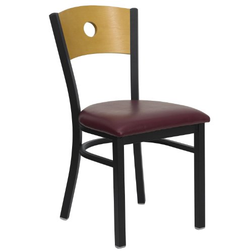 Natural Wood Back/Burgundy Vinyl Seat/Black Metal Frame