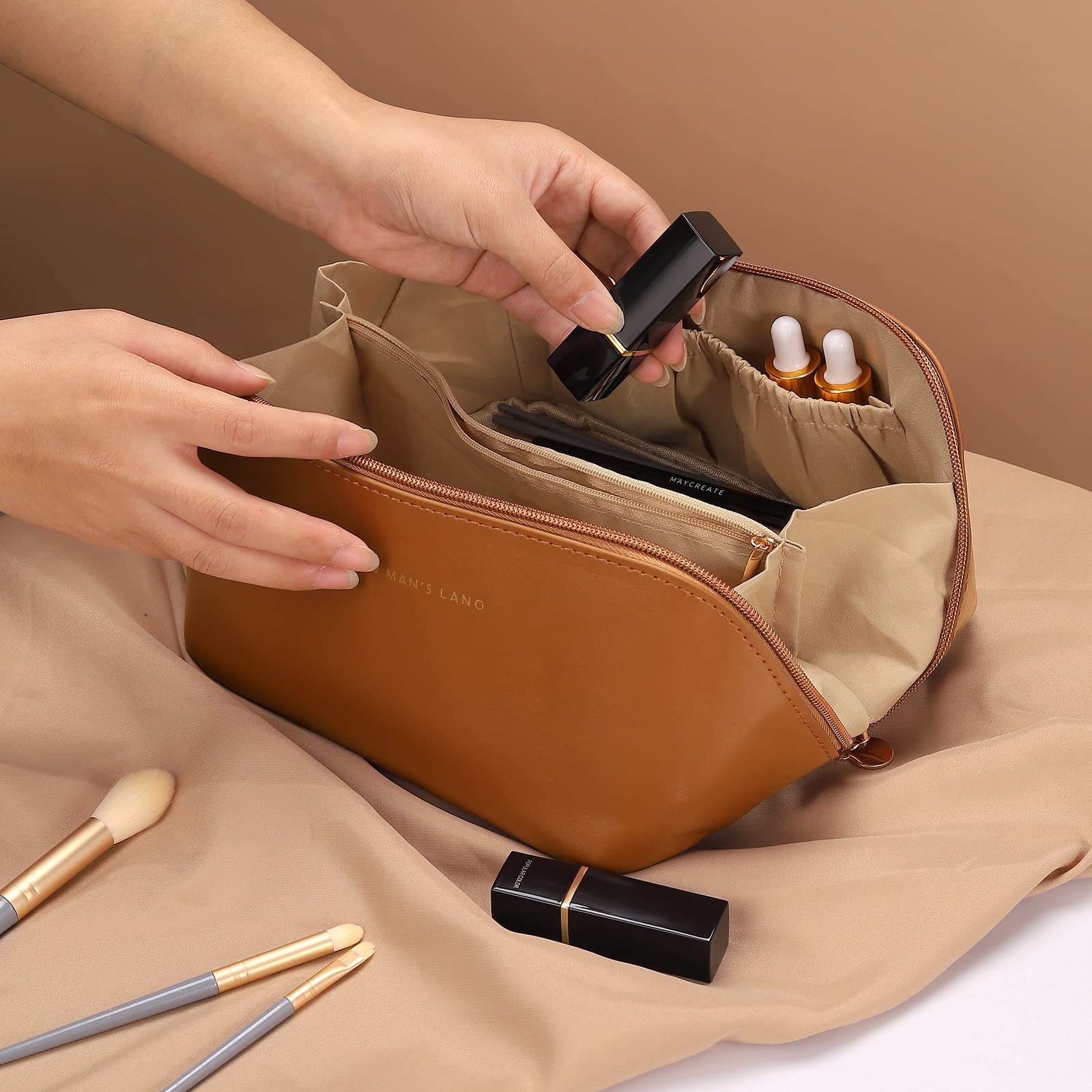Waterproof Travel Makeup Bag for Women - Large Capacity Cosmetic Organizer (Brown) | Perfect for Vacation, Gym & Daily Essentials Storage