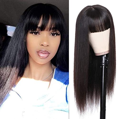 ISEE 180% Density Straight Human Hair Wig with Bangs - Glueless Non Lace Front Machine Made Wig for Black Women | Natural Color 14 Inch | Perfect for Daily Wear, Cosplay & Special Occasions